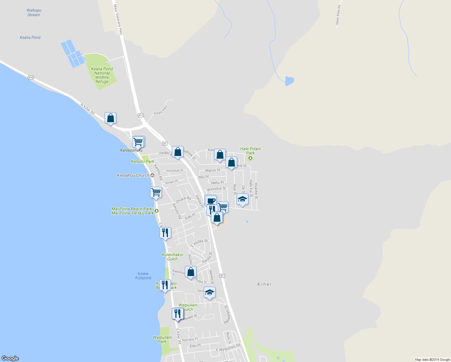 map of restaurants, bars, coffee shops, grocery stores, and more near 220 Nehu Place in Kihei