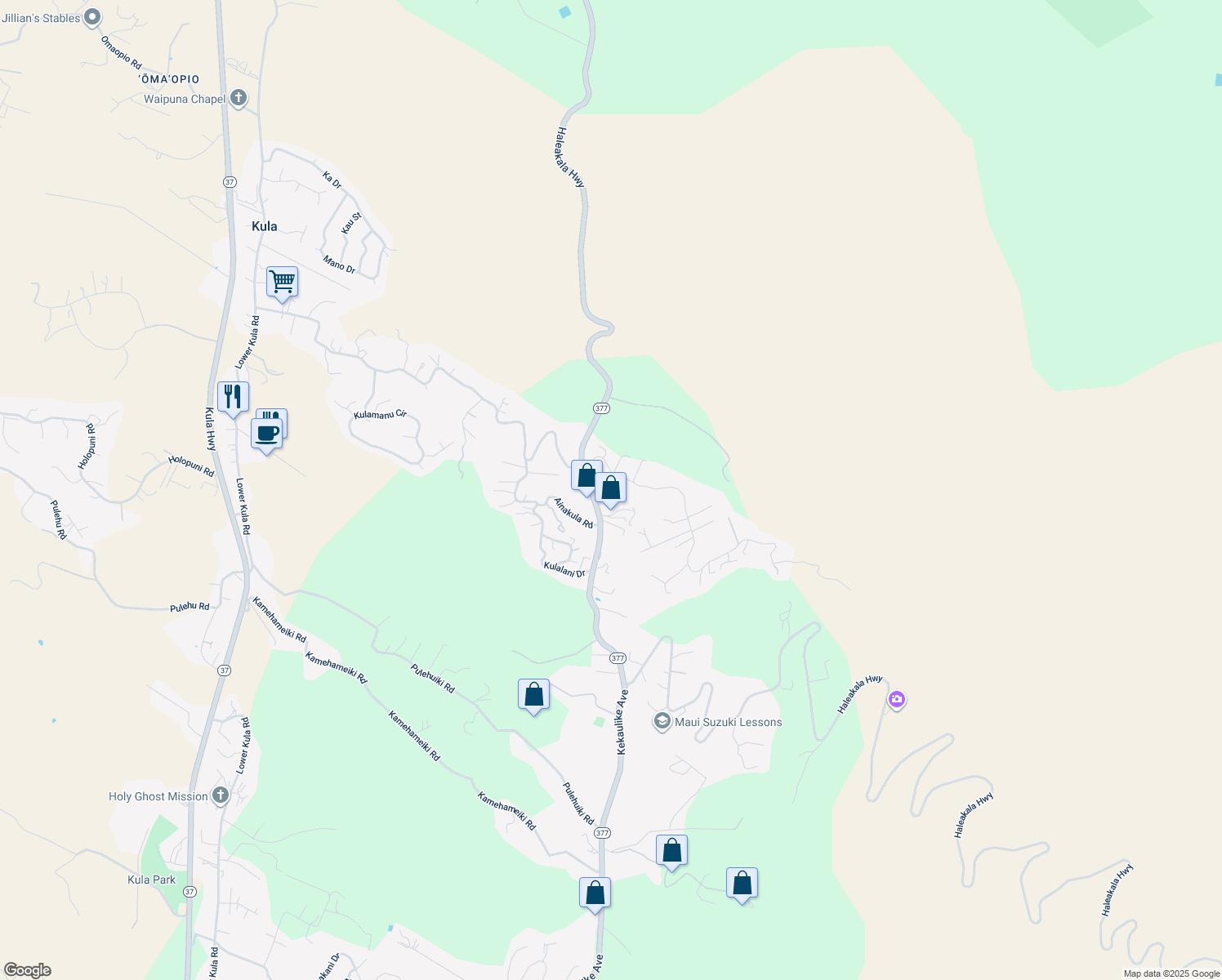map of restaurants, bars, coffee shops, grocery stores, and more near 154 Upper Kimo Drive in Kula