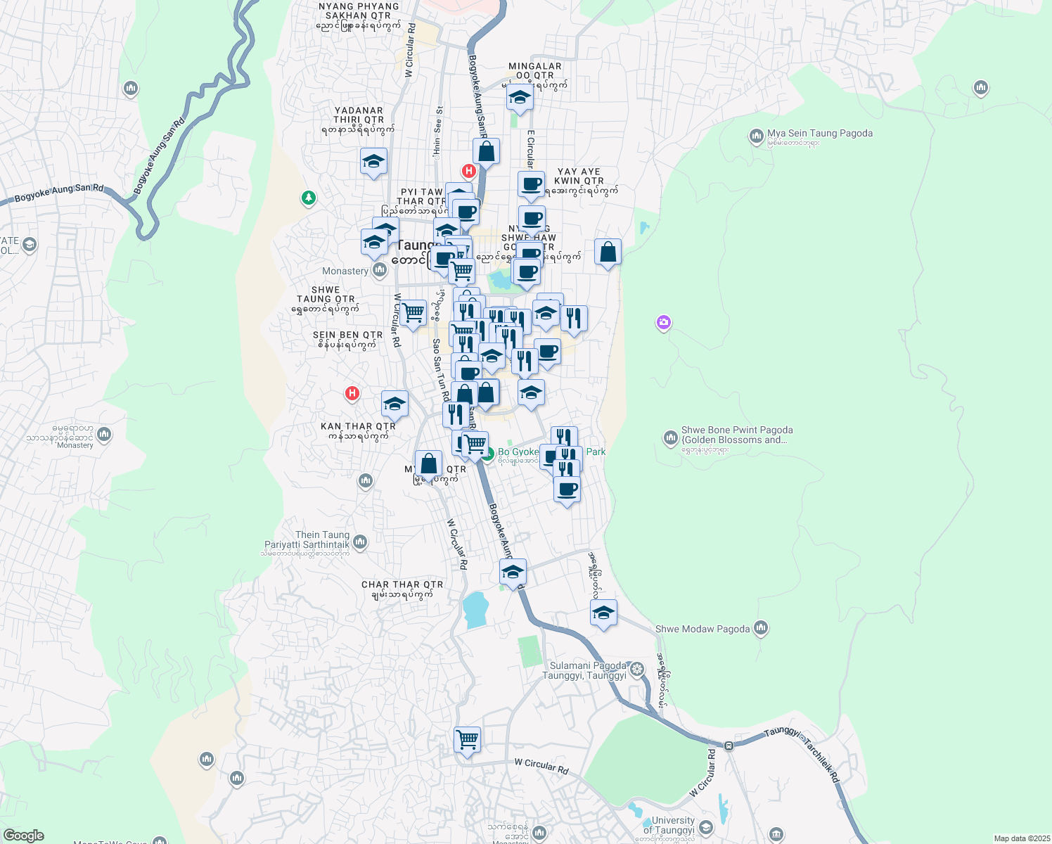 map of restaurants, bars, coffee shops, grocery stores, and more near အရှေ့မြို့ပတ်လမ်း in Taunggyi