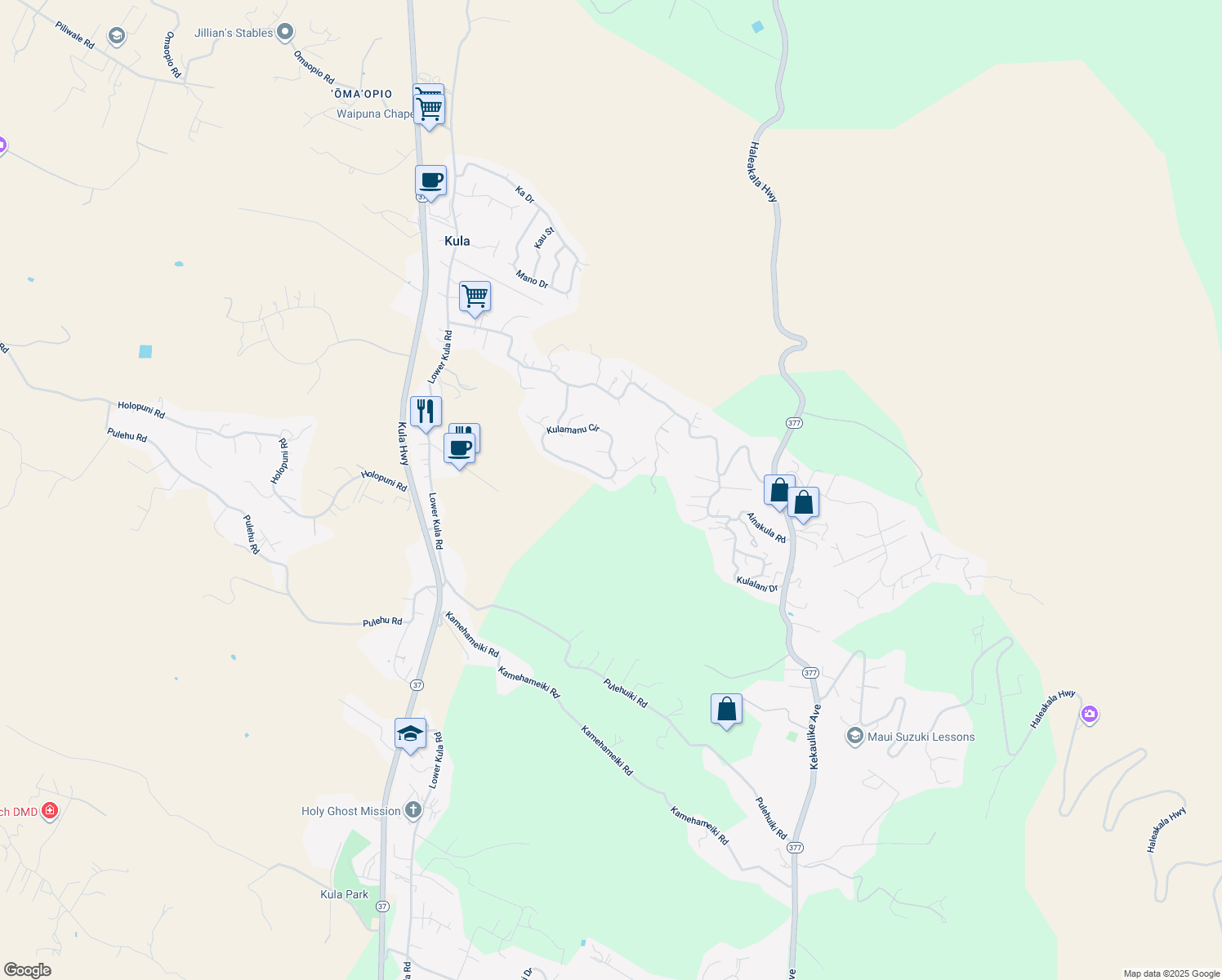 map of restaurants, bars, coffee shops, grocery stores, and more near 14 Nunu Place in Kula