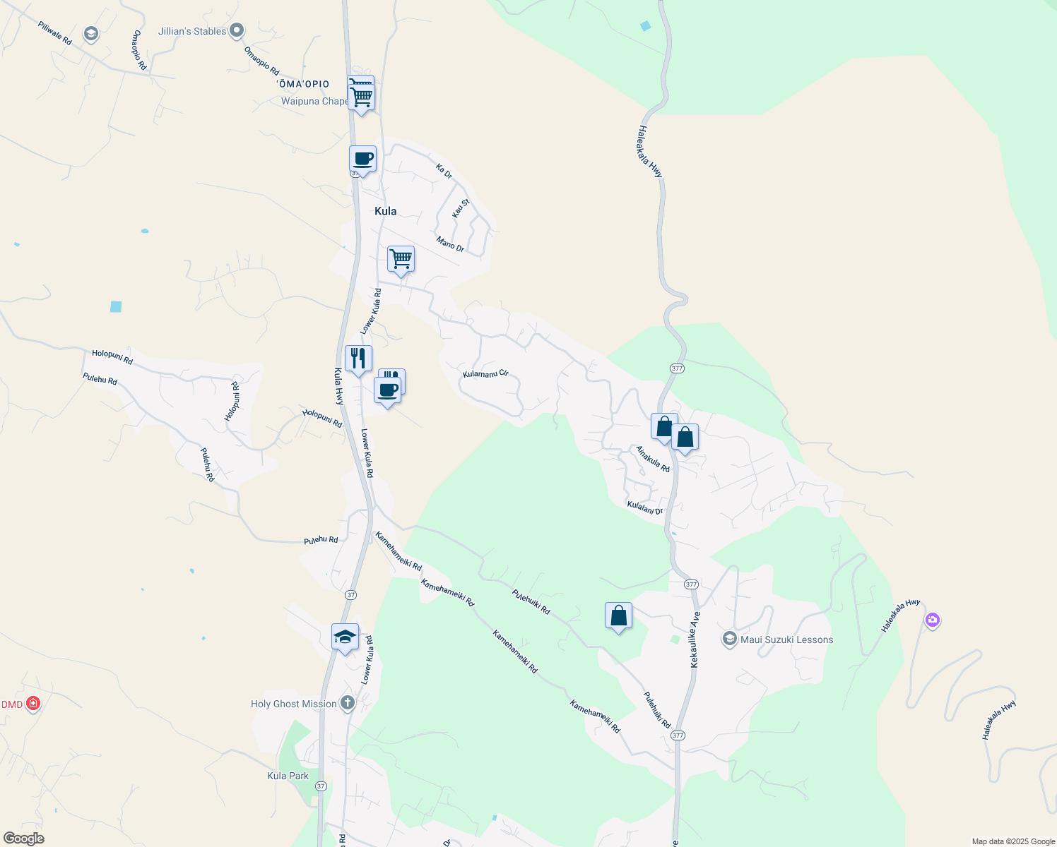 map of restaurants, bars, coffee shops, grocery stores, and more near 15 Nunu Place in Kula