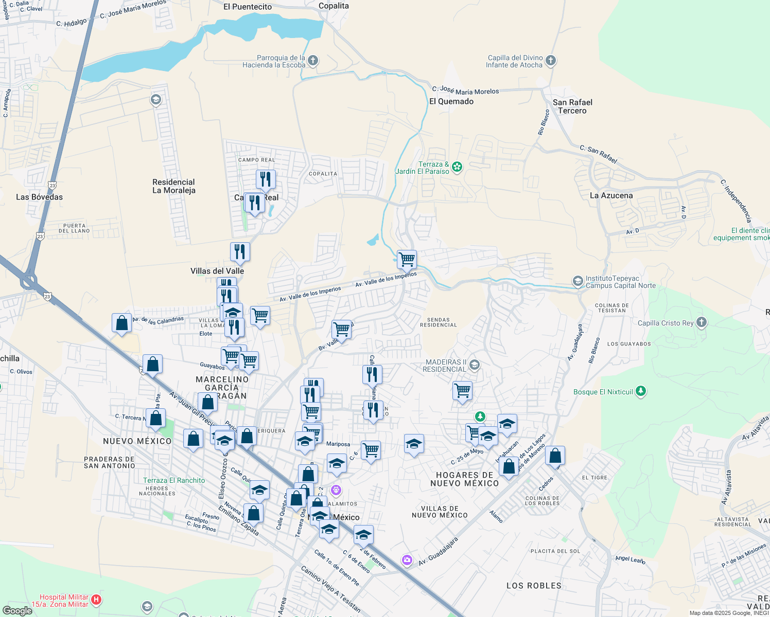 map of restaurants, bars, coffee shops, grocery stores, and more near 1235 Boulevard Valle Imperial in Nuevo México