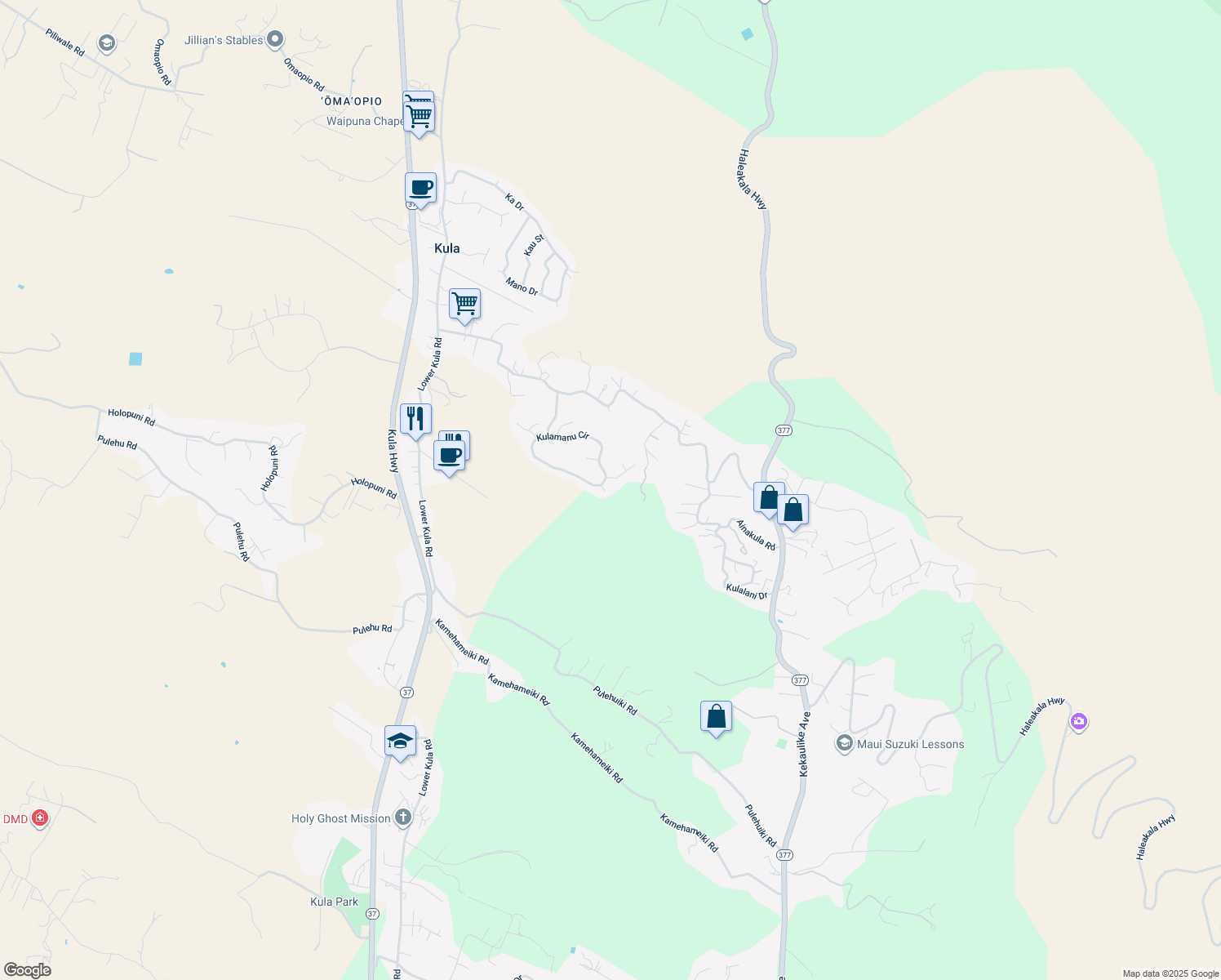 map of restaurants, bars, coffee shops, grocery stores, and more near 15 Nunu Place in Kula