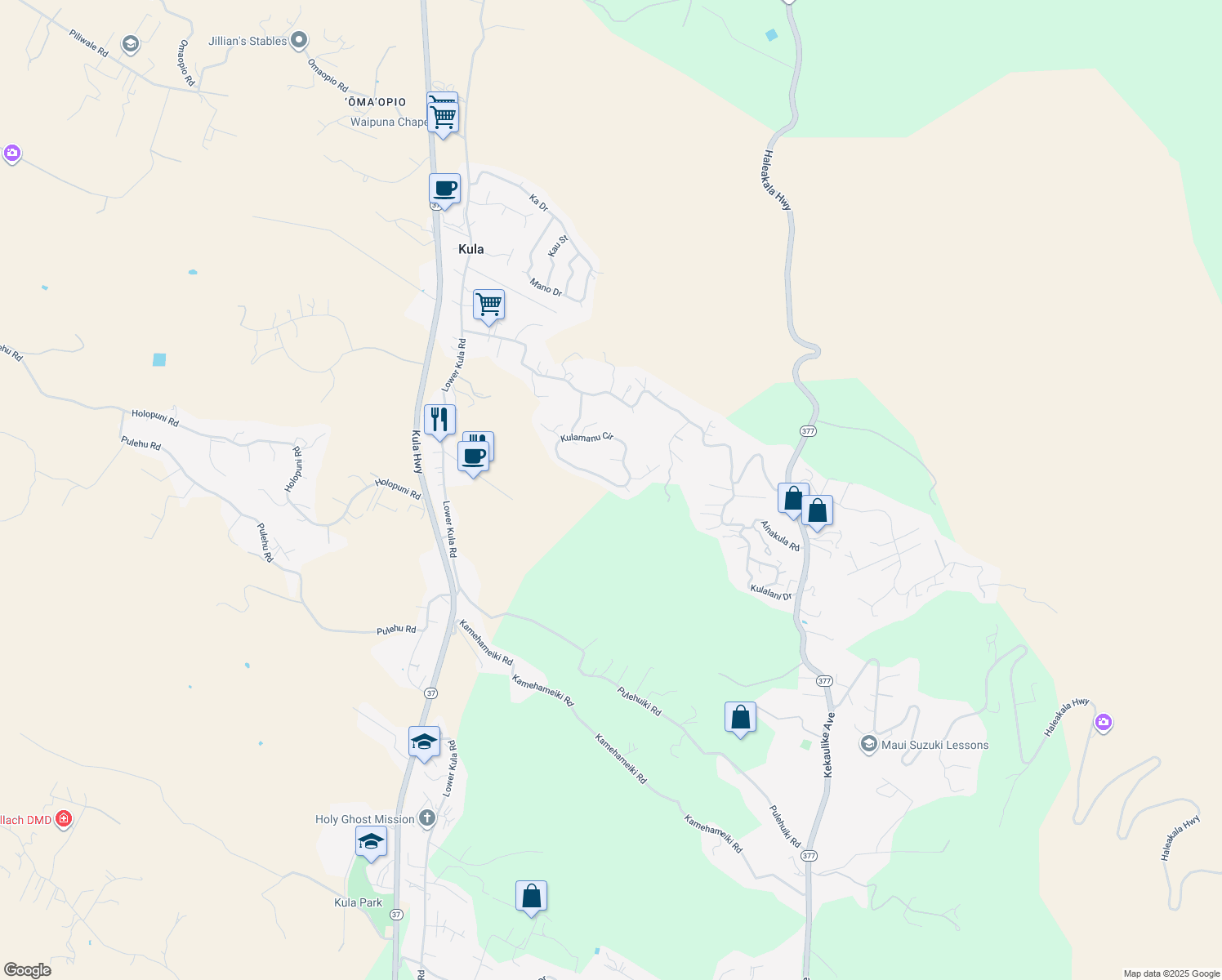 map of restaurants, bars, coffee shops, grocery stores, and more near 183 Kulamanu Circle in Kula