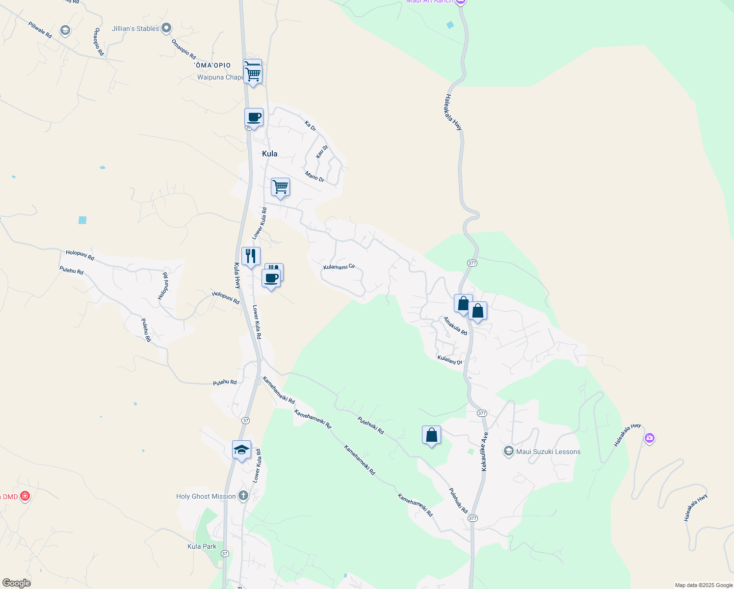 map of restaurants, bars, coffee shops, grocery stores, and more near 10 Kaalele Place in Kula