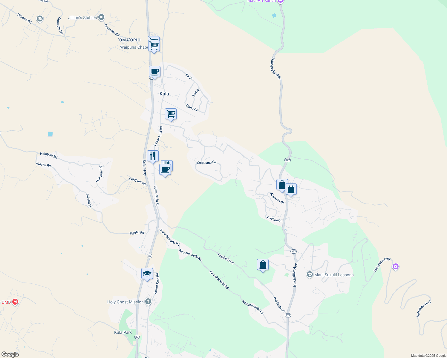 map of restaurants, bars, coffee shops, grocery stores, and more near 10 Kaalele Place in Kula