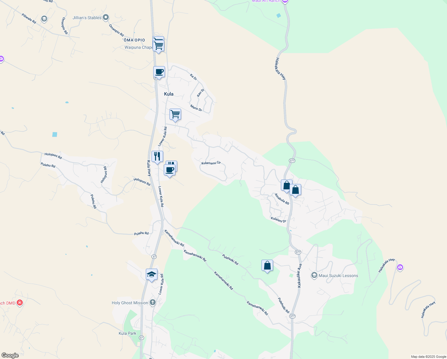 map of restaurants, bars, coffee shops, grocery stores, and more near 174 Kulamanu Circle in Kula