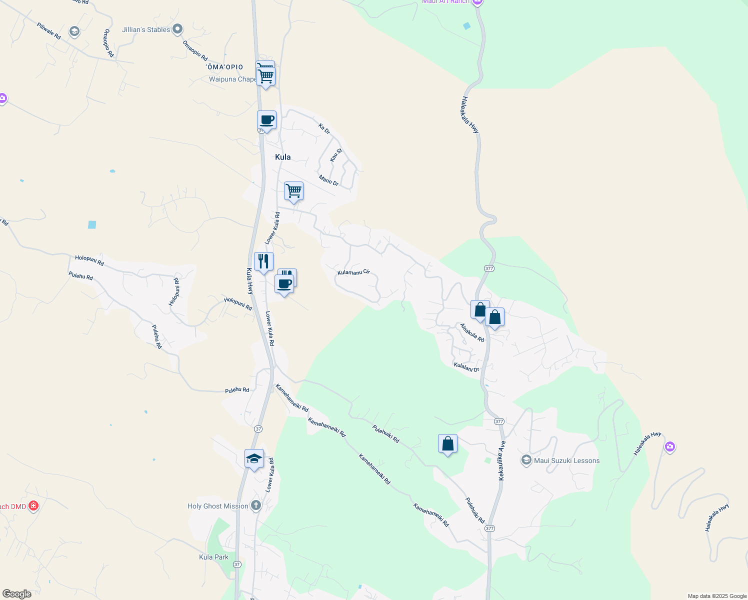 map of restaurants, bars, coffee shops, grocery stores, and more near 174 Kulamanu Circle in Kula