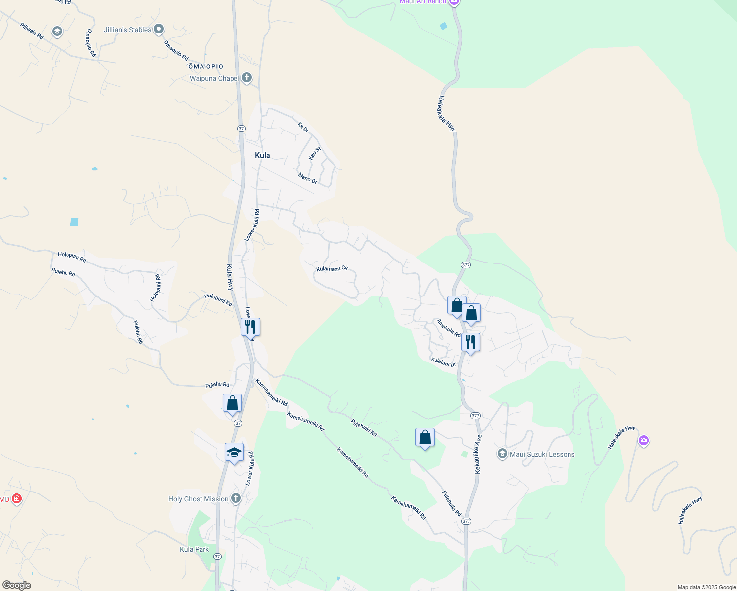 map of restaurants, bars, coffee shops, grocery stores, and more near 36 Kaalele Place in Kula