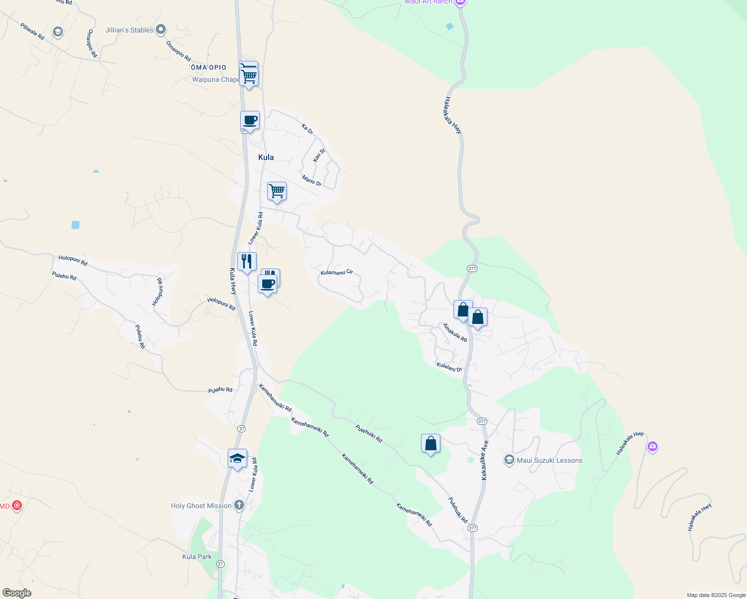 map of restaurants, bars, coffee shops, grocery stores, and more near 36 Kaalele Place in Kula