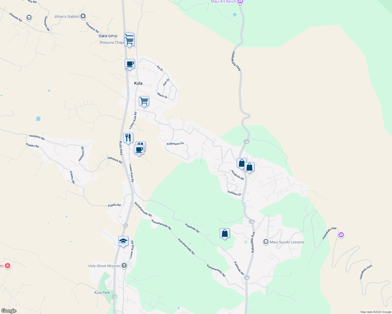 map of restaurants, bars, coffee shops, grocery stores, and more near 42 Kaalele Place in Kula
