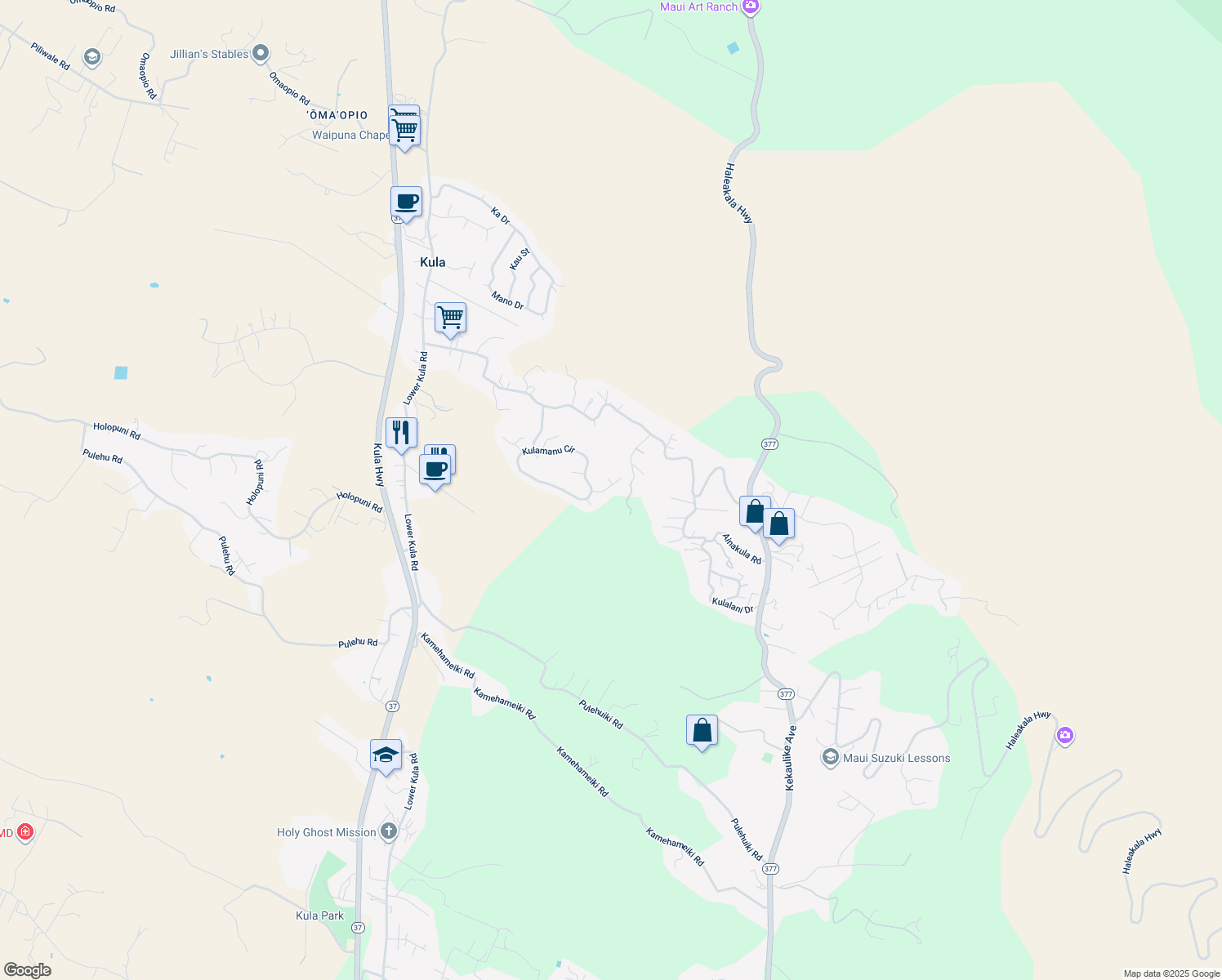 map of restaurants, bars, coffee shops, grocery stores, and more near 42 Kaalele Place in Kula