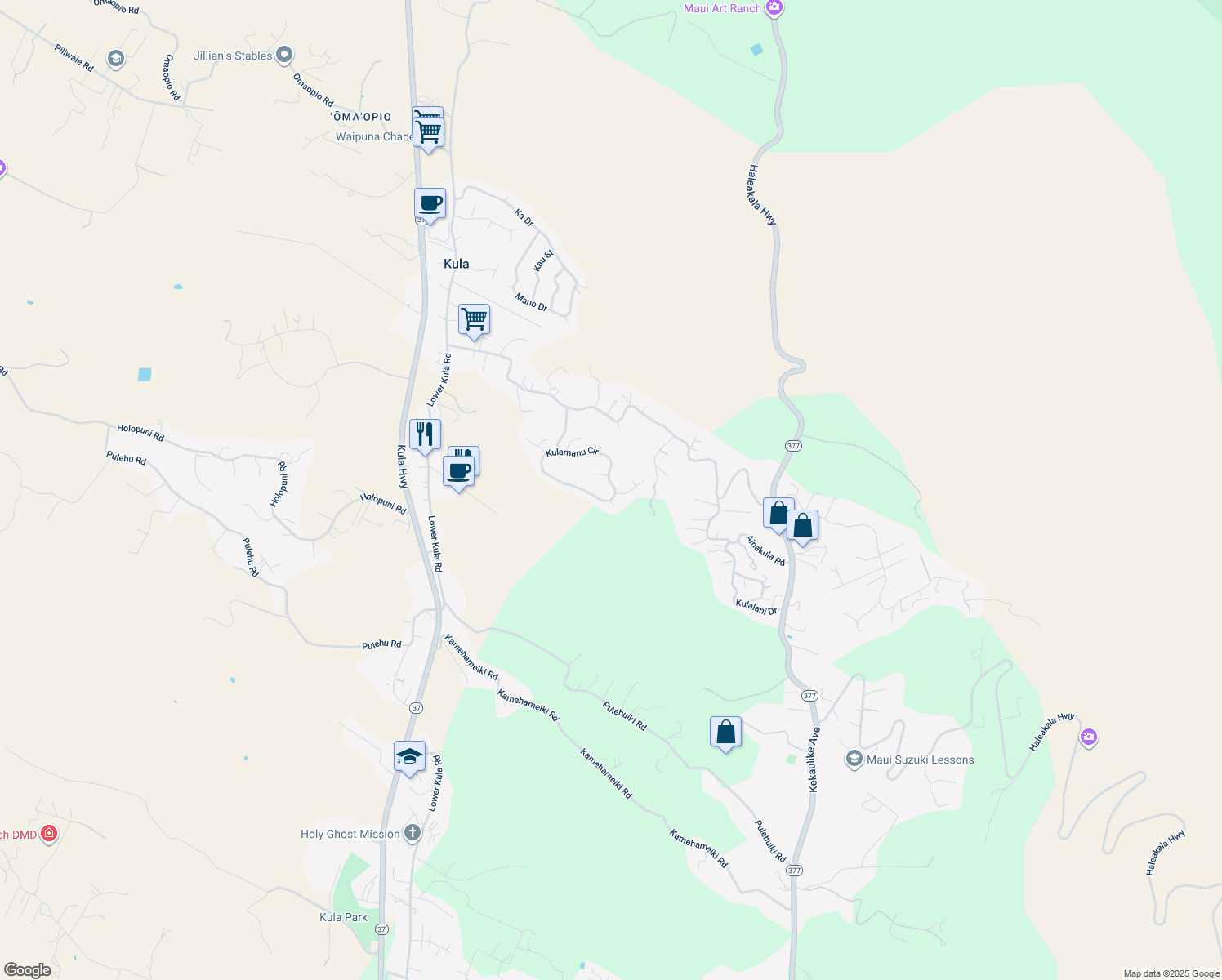 map of restaurants, bars, coffee shops, grocery stores, and more near 152 Kulamanu Circle in Kula
