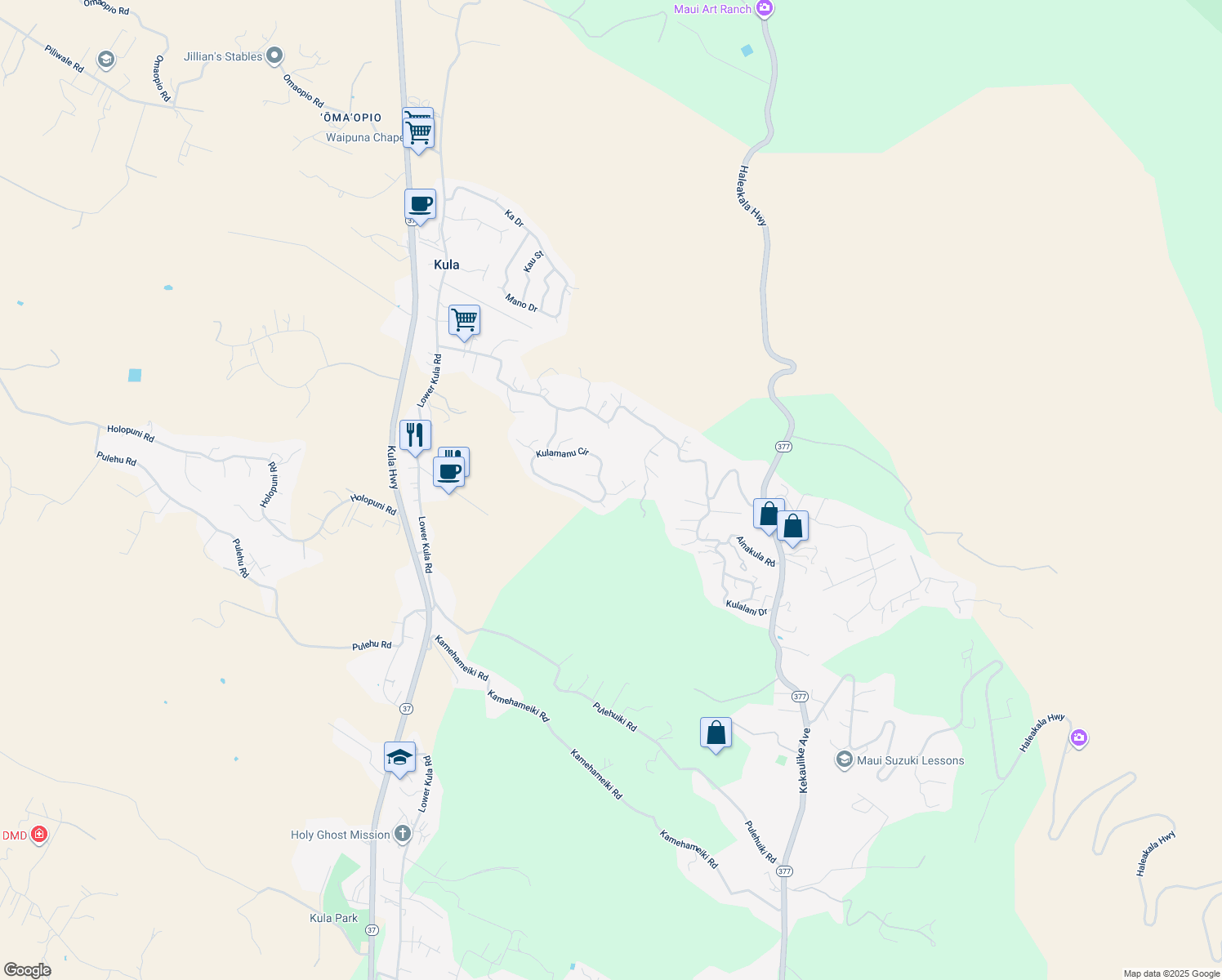 map of restaurants, bars, coffee shops, grocery stores, and more near 147 Kulamanu Circle in Kula