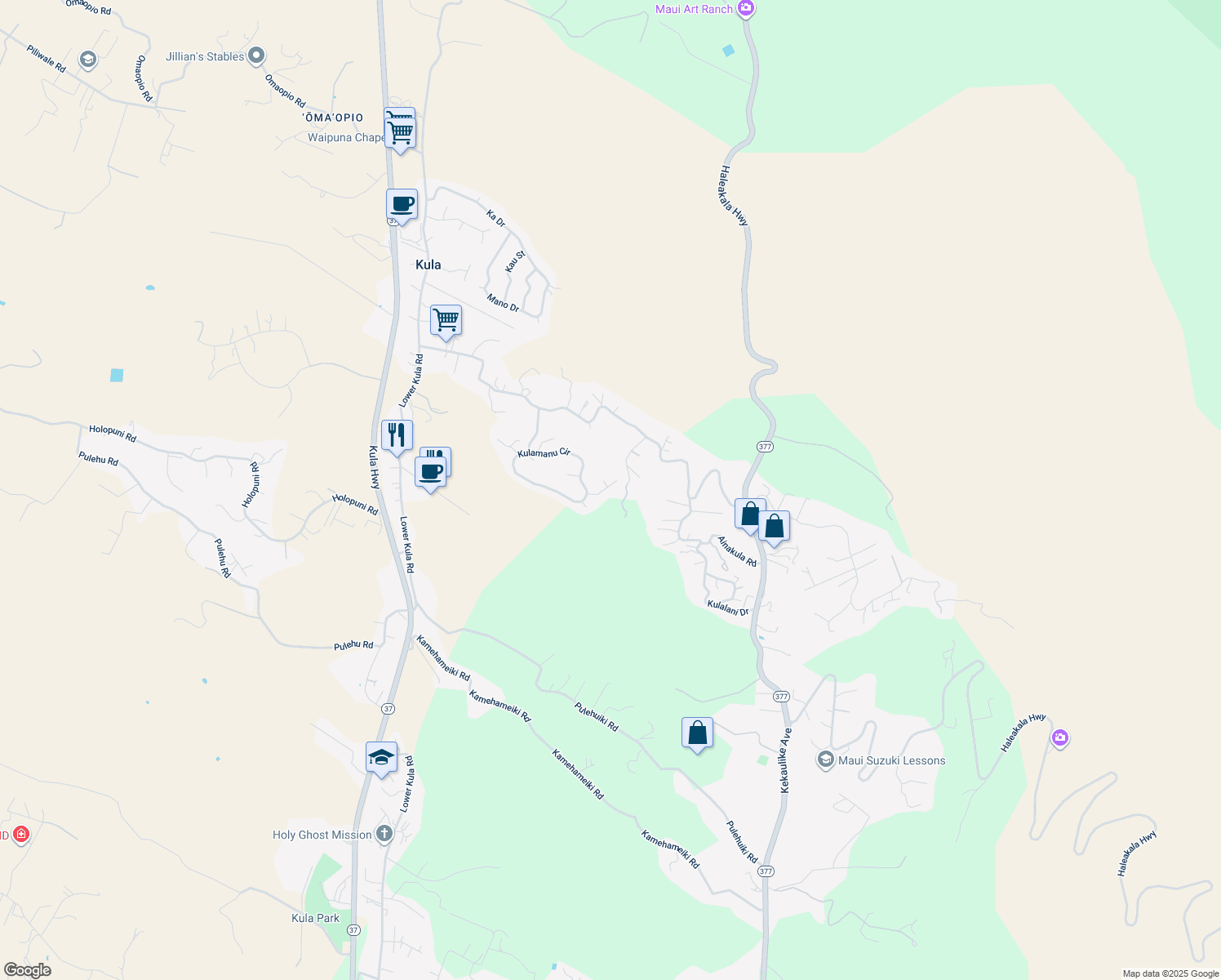 map of restaurants, bars, coffee shops, grocery stores, and more near 50 Kaalele Place in Kula