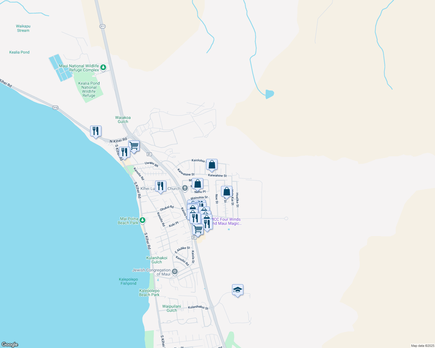 map of restaurants, bars, coffee shops, grocery stores, and more near 485 Kaiwahine Street in Kihei