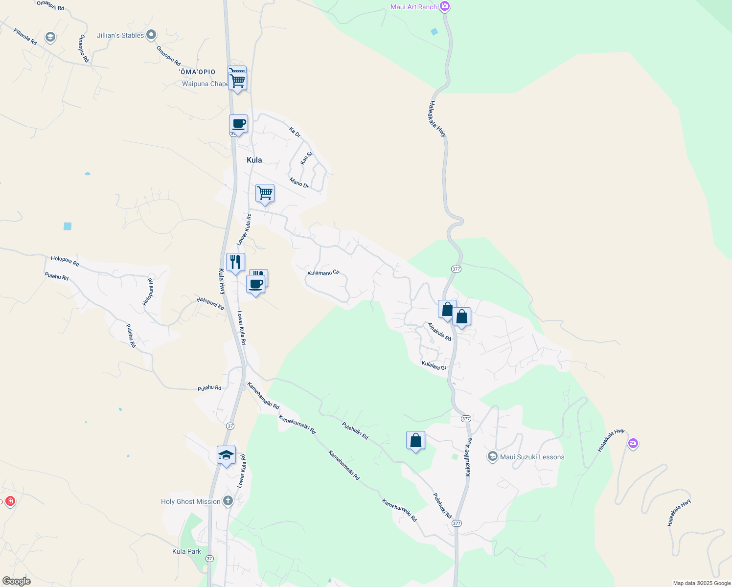 map of restaurants, bars, coffee shops, grocery stores, and more near 62 Kaalele Place in Kula