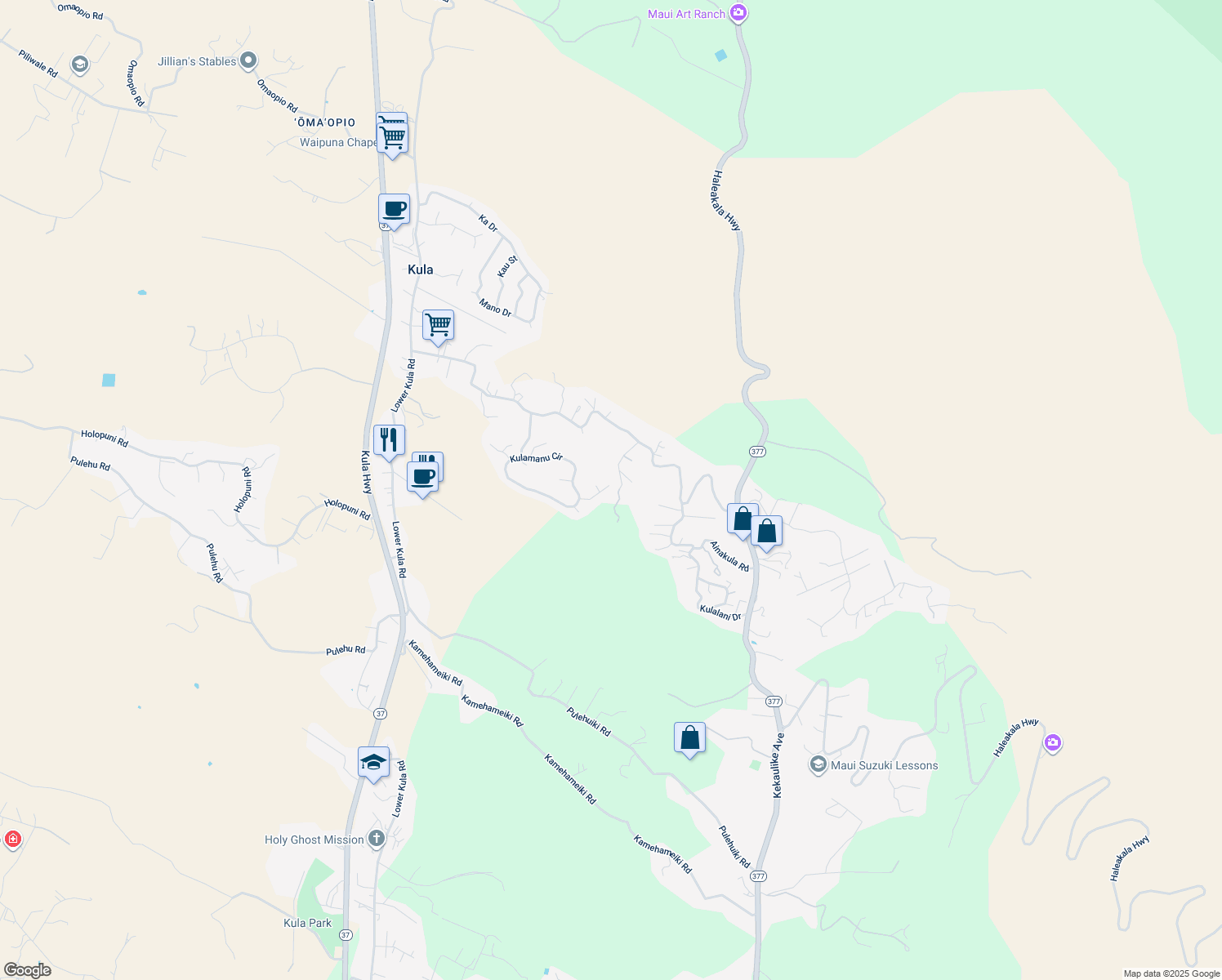 map of restaurants, bars, coffee shops, grocery stores, and more near 74 Kaalele Place in Kula