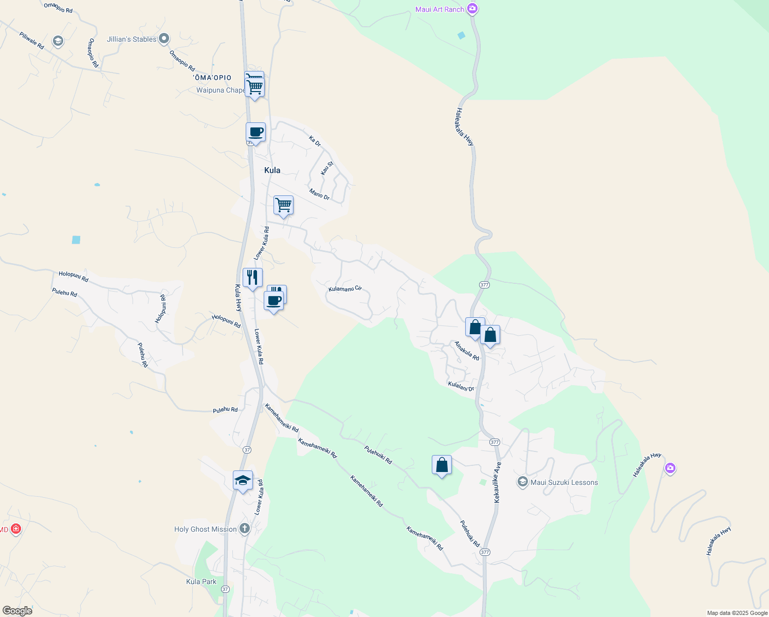 map of restaurants, bars, coffee shops, grocery stores, and more near 61 Kaalele Place in Kula
