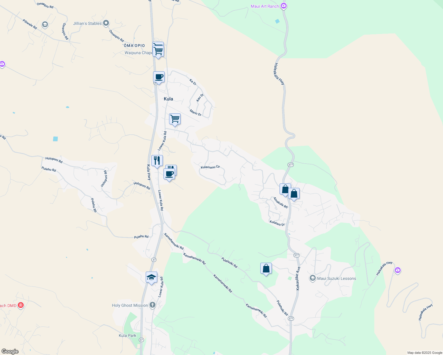 map of restaurants, bars, coffee shops, grocery stores, and more near 136 Kulamanu Circle in Kula