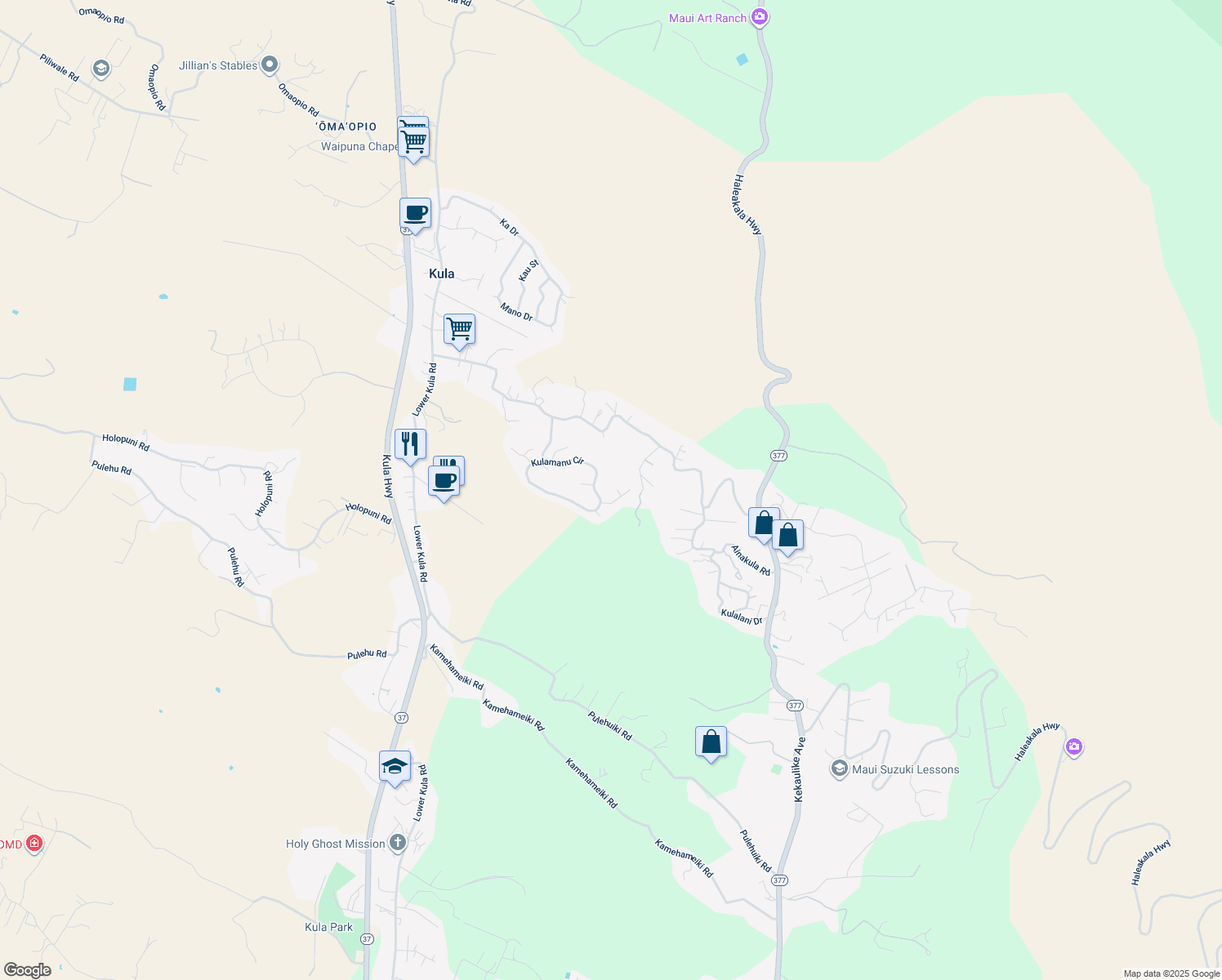 map of restaurants, bars, coffee shops, grocery stores, and more near 21 Leihulu Way in Kula