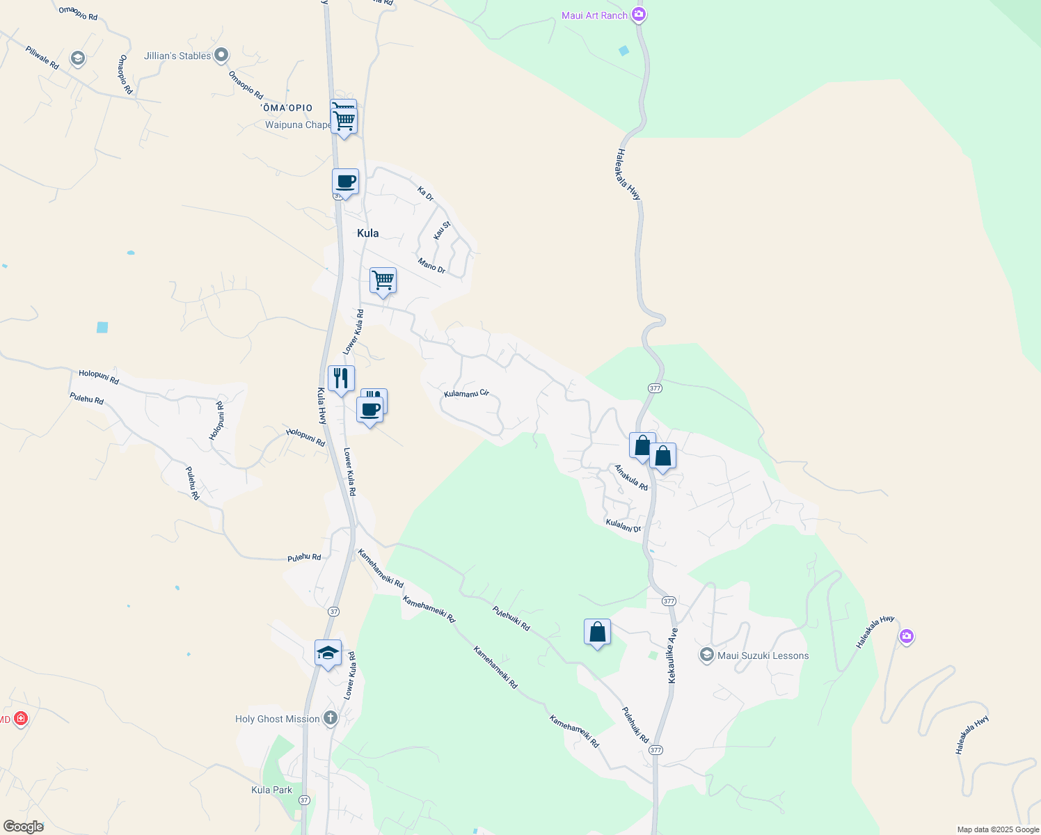 map of restaurants, bars, coffee shops, grocery stores, and more near 61 Kaalele Place in Kula