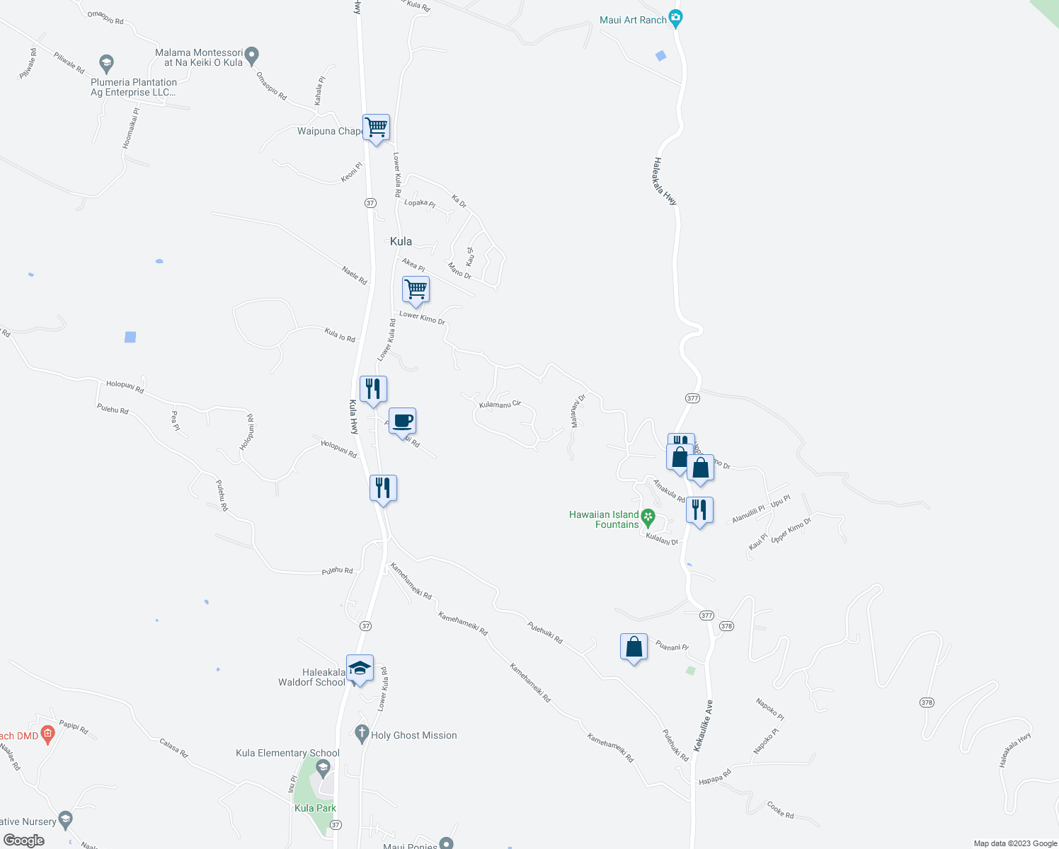 map of restaurants, bars, coffee shops, grocery stores, and more near 122 Kulamanu Circle in Kula