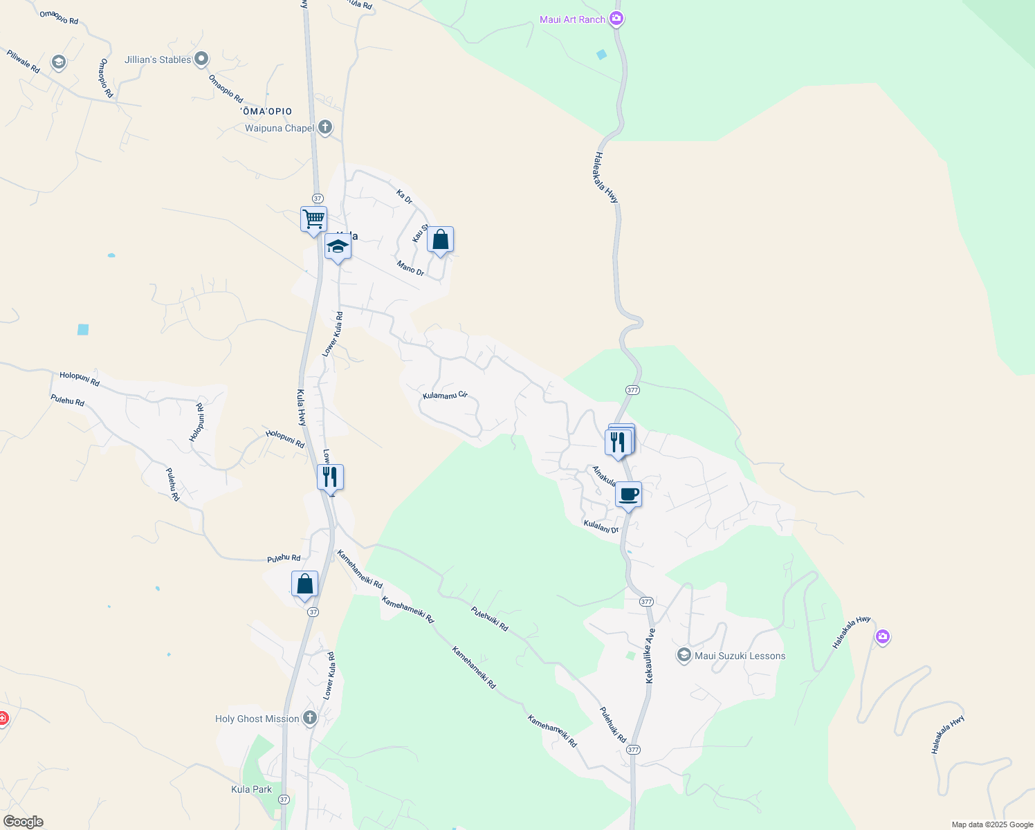map of restaurants, bars, coffee shops, grocery stores, and more near Malanani Drive in Kula