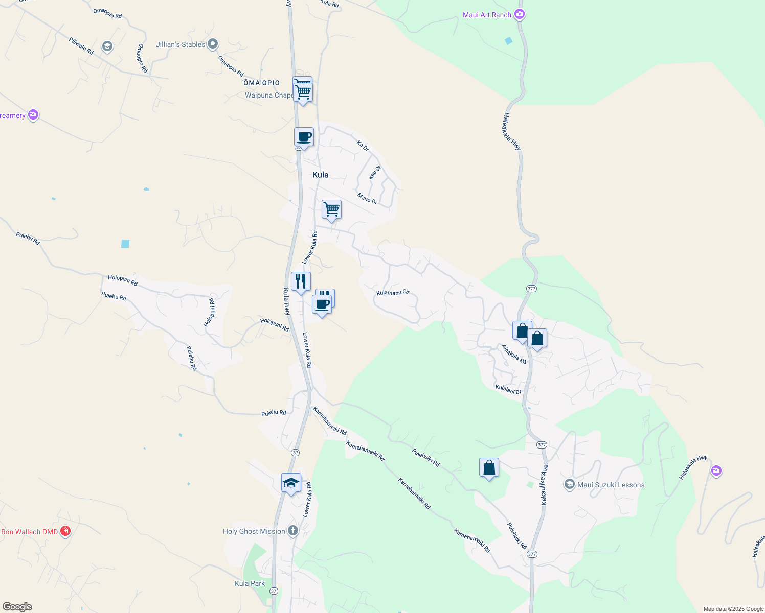 map of restaurants, bars, coffee shops, grocery stores, and more near 296 Kulamanu Circle in Kula