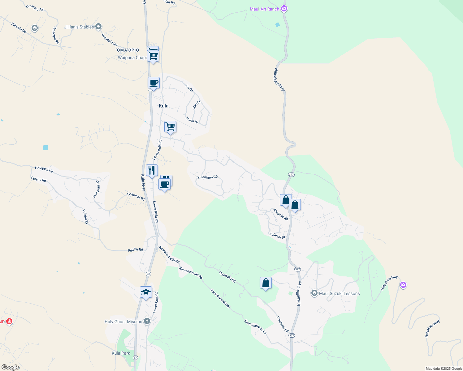 map of restaurants, bars, coffee shops, grocery stores, and more near 20 Leihulu Way in Kula