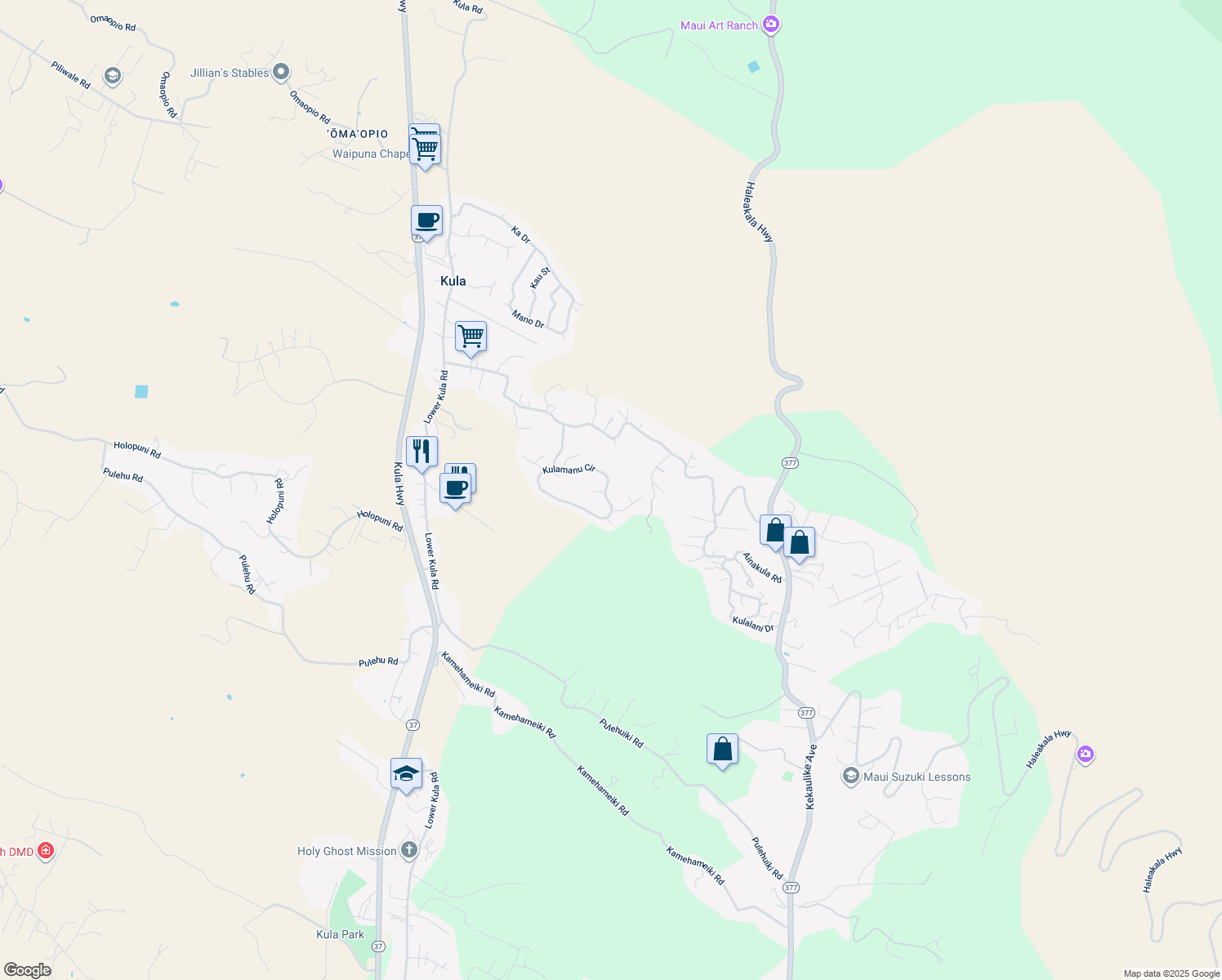 map of restaurants, bars, coffee shops, grocery stores, and more near 121 Kulamanu Circle in Kula