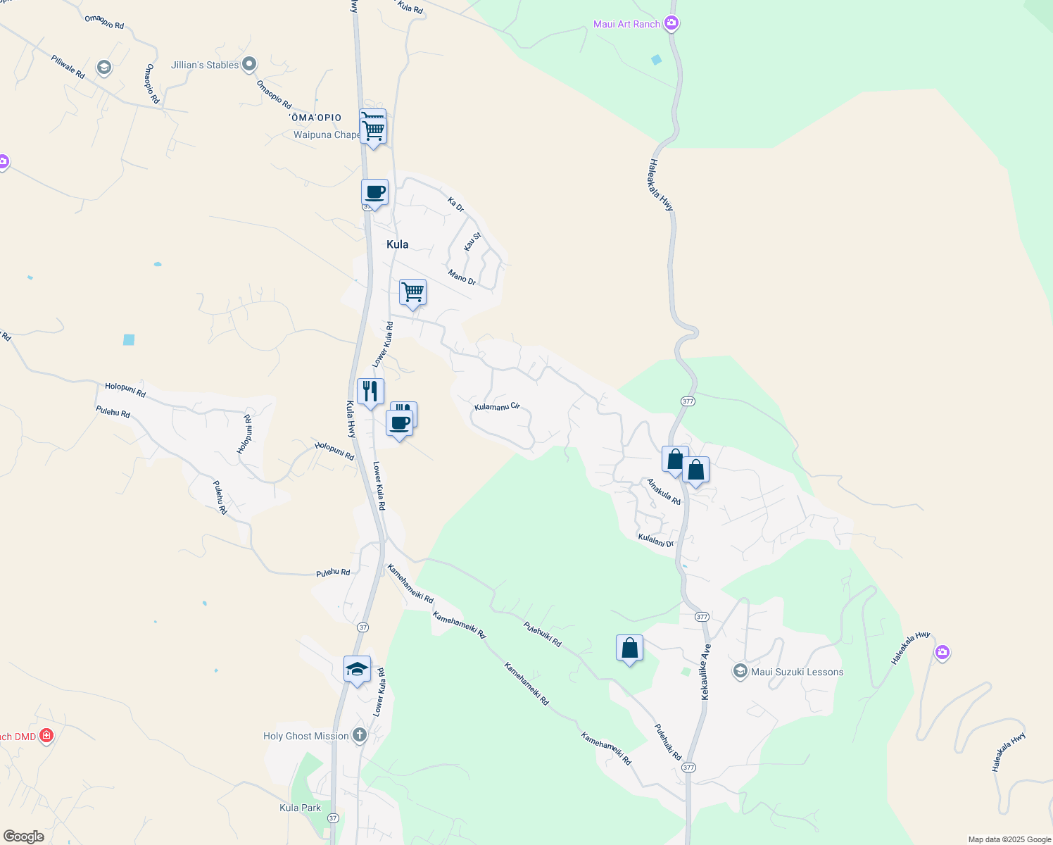 map of restaurants, bars, coffee shops, grocery stores, and more near 122 Kulamanu Circle in Kula