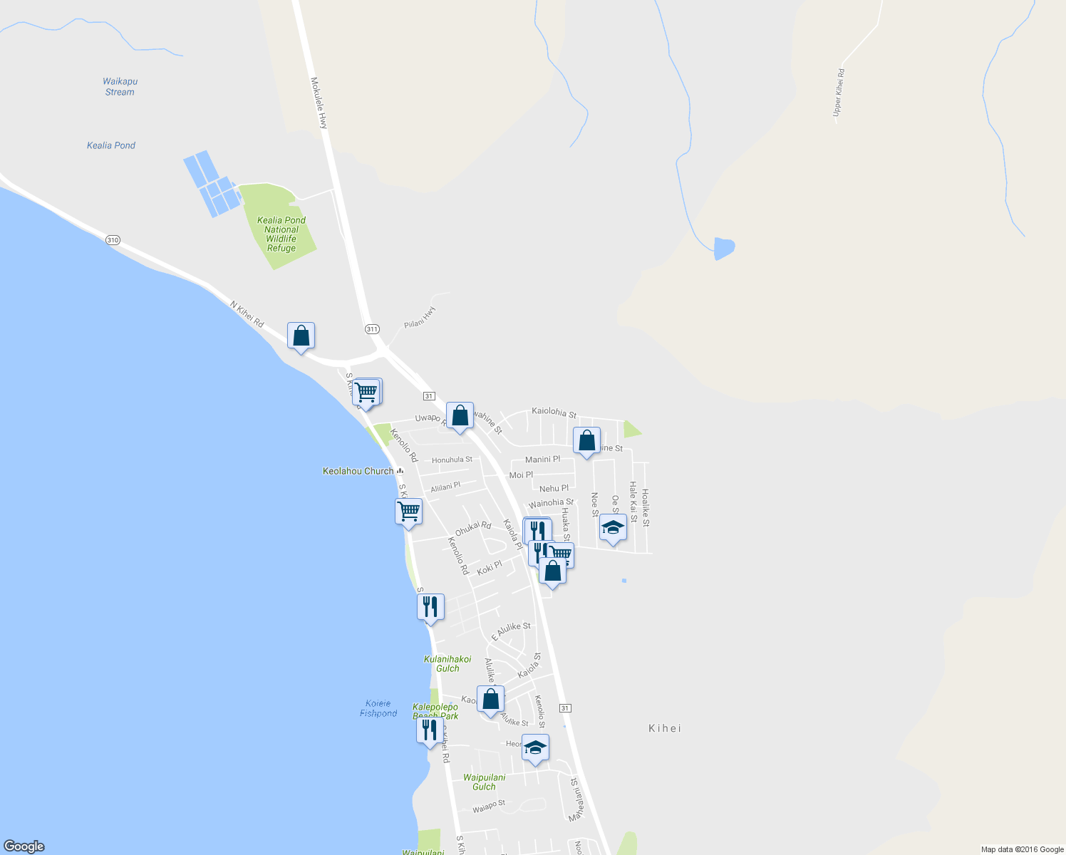 map of restaurants, bars, coffee shops, grocery stores, and more near 377 Ailana Place in Kihei