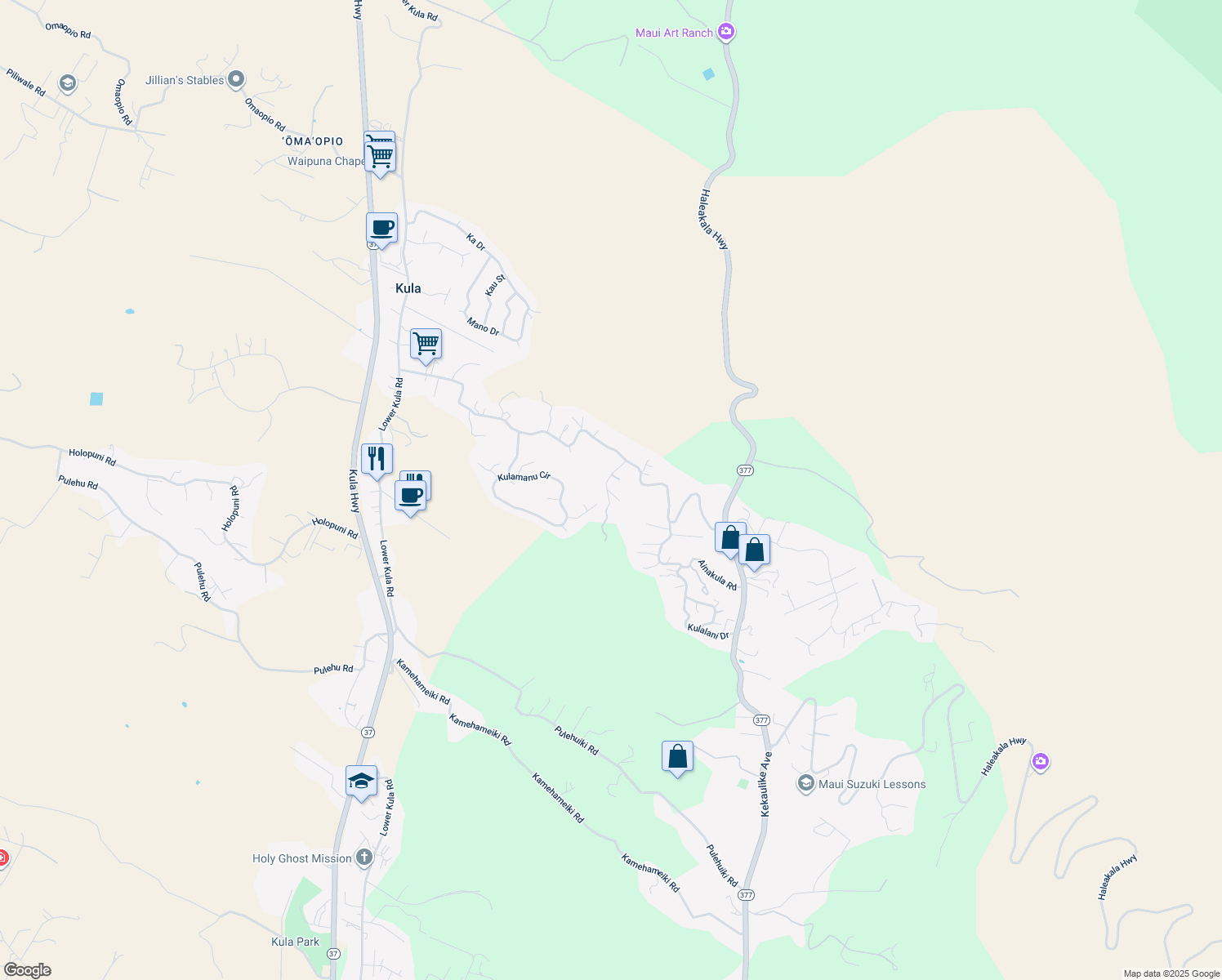 map of restaurants, bars, coffee shops, grocery stores, and more near 101 Malanani Drive in Kula