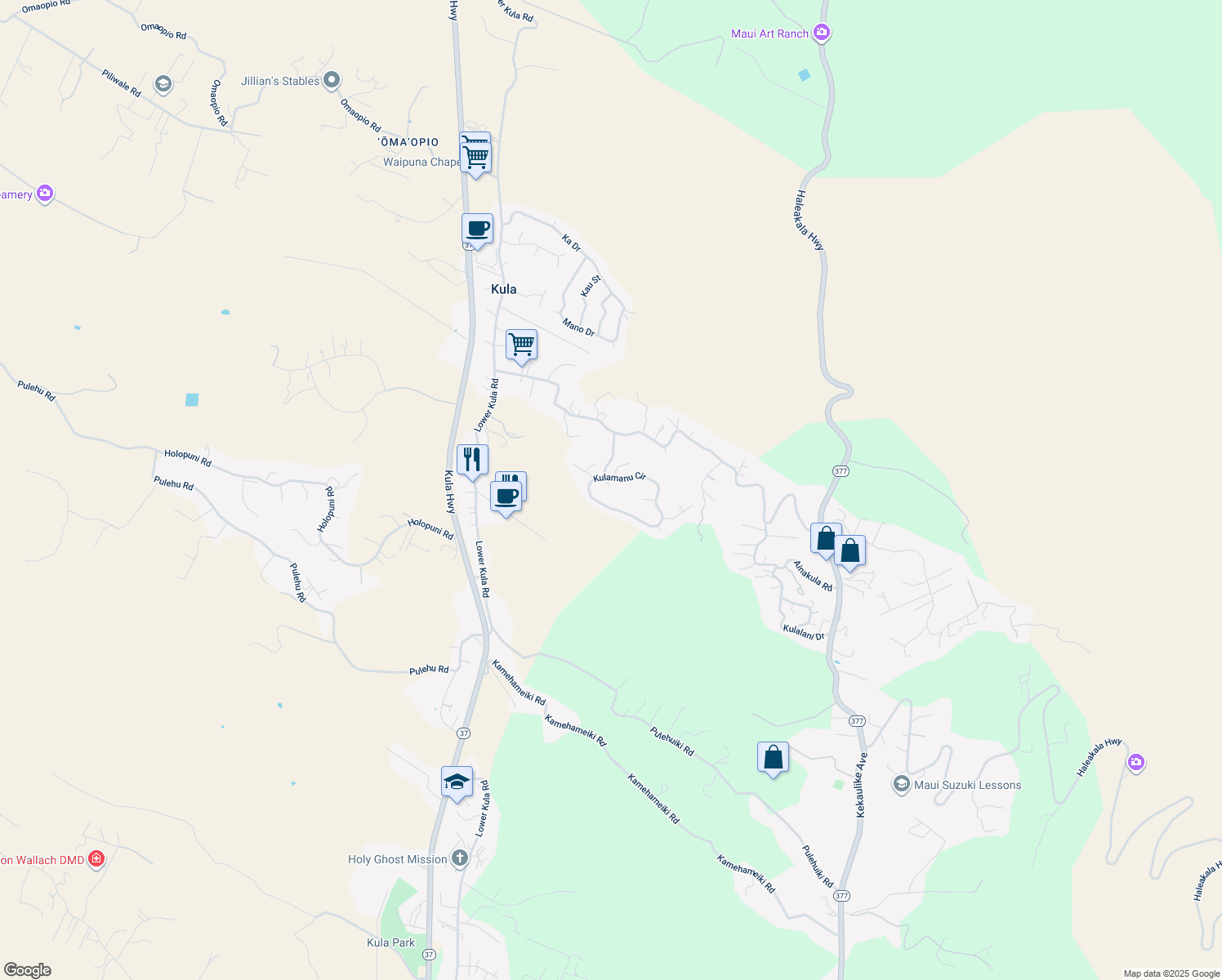 map of restaurants, bars, coffee shops, grocery stores, and more near 100 Malapua Place in Kula