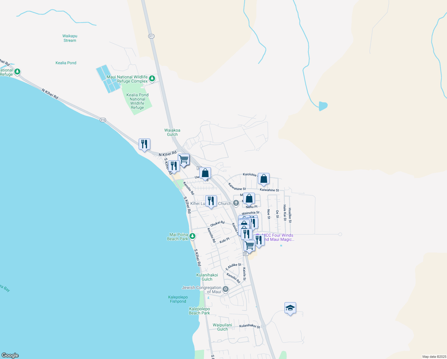 map of restaurants, bars, coffee shops, grocery stores, and more near 232 Kaiwahine Street in Kihei