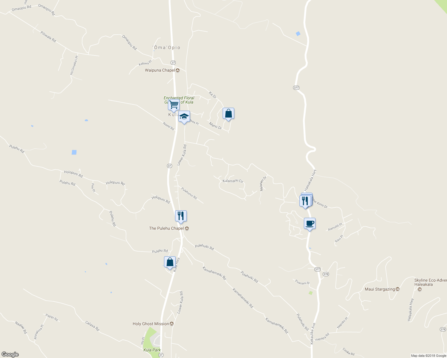 map of restaurants, bars, coffee shops, grocery stores, and more near 24 Paliuli Way in Kula