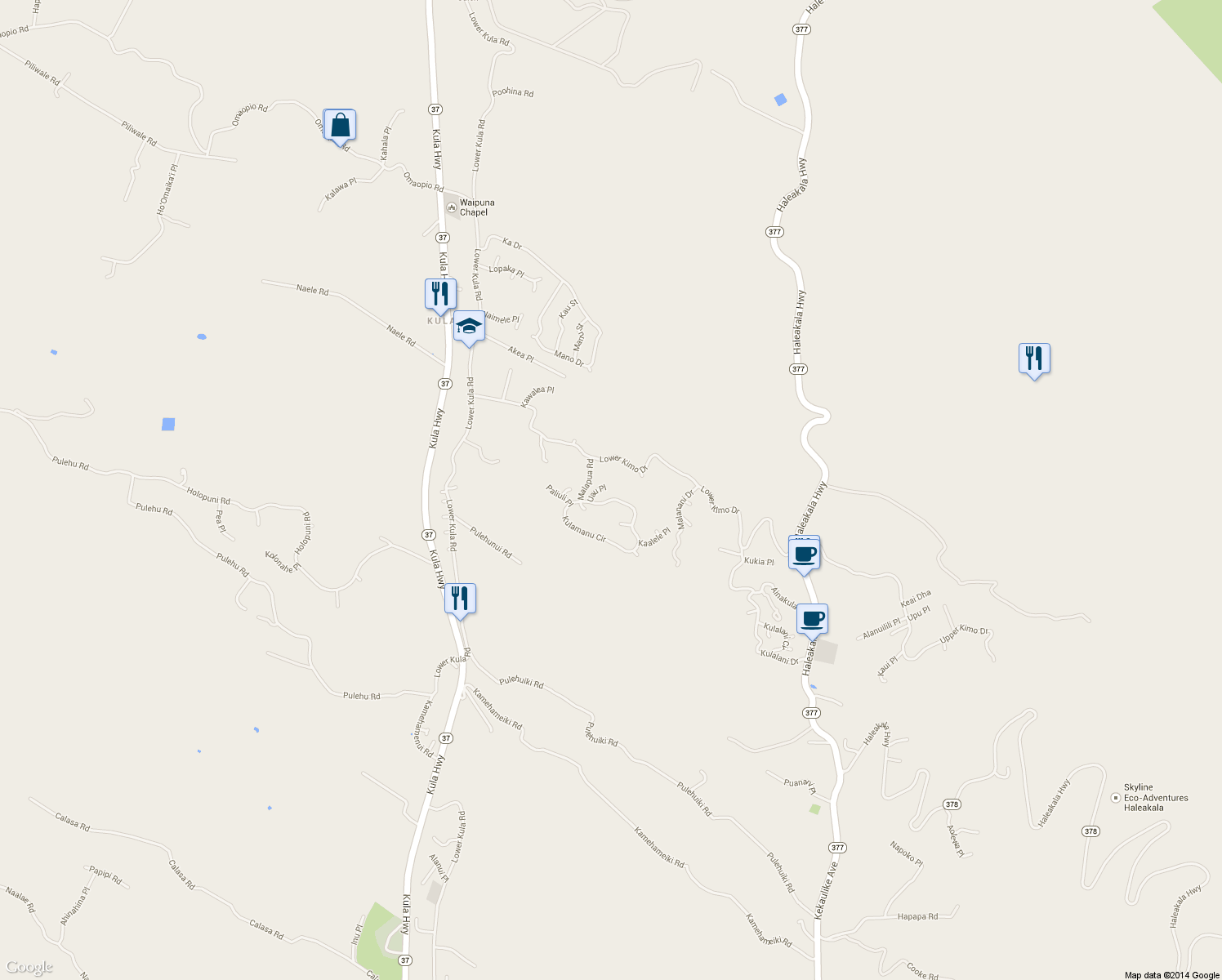 map of restaurants, bars, coffee shops, grocery stores, and more near 50 Uau Place in Kula
