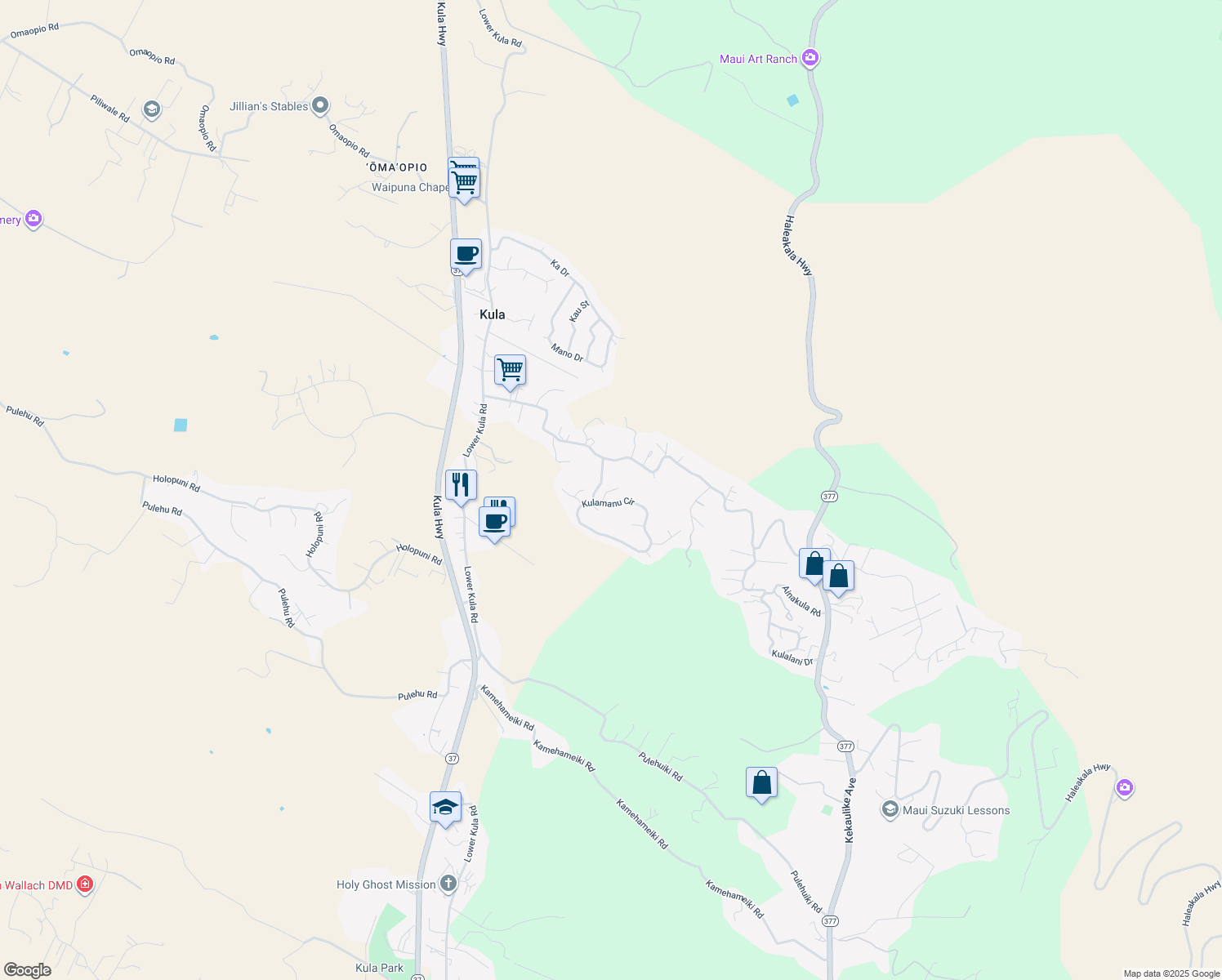 map of restaurants, bars, coffee shops, grocery stores, and more near 33 Uau Place in Kula