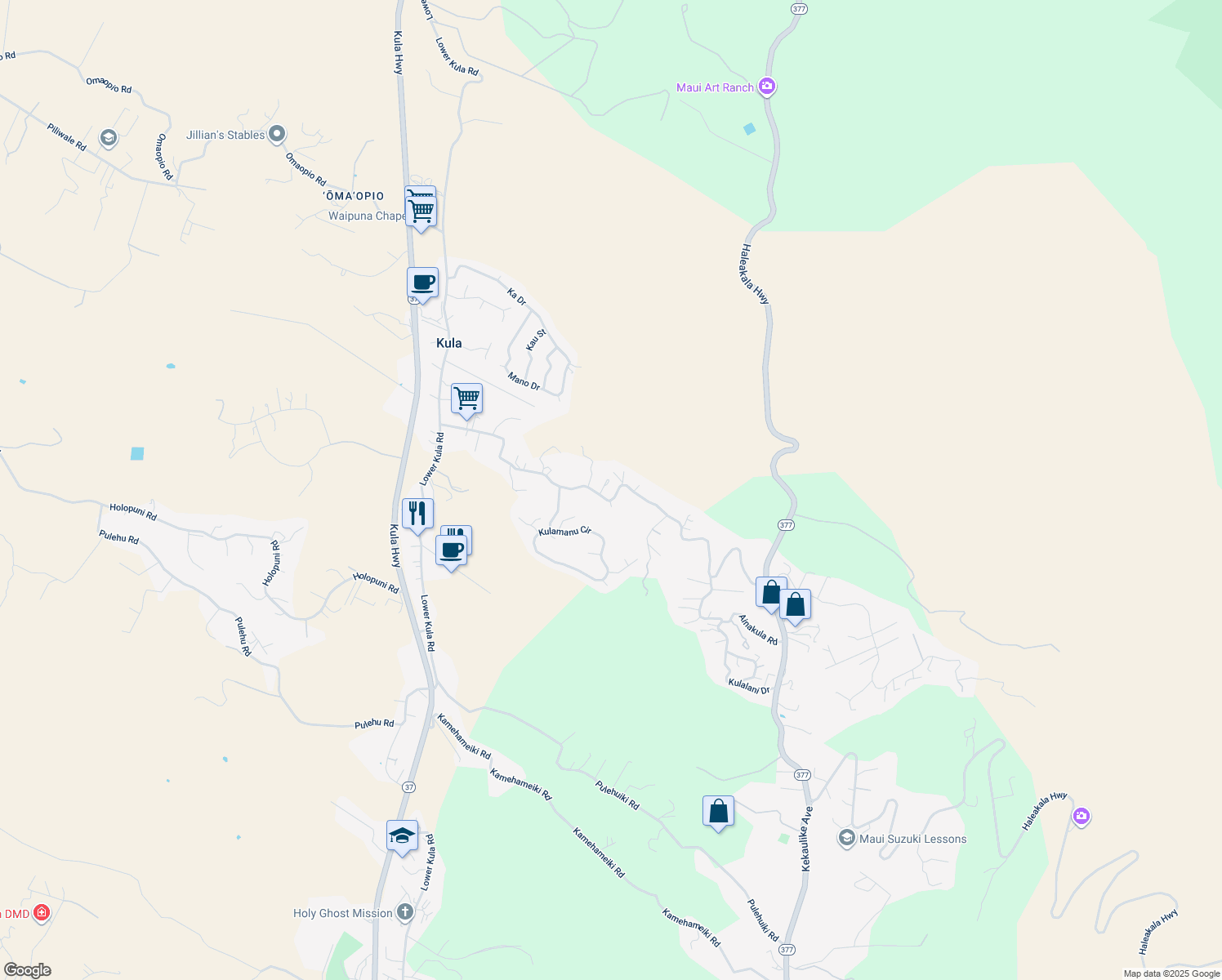 map of restaurants, bars, coffee shops, grocery stores, and more near 745 Lower Kimo Drive in Kula
