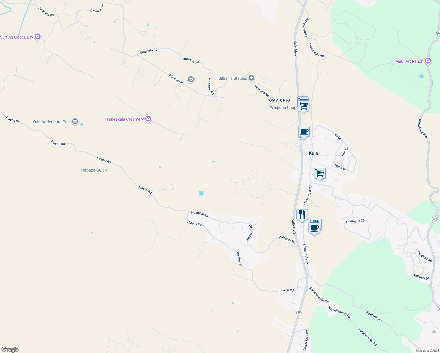 map of restaurants, bars, coffee shops, grocery stores, and more near 416 Huahua Place in Kula