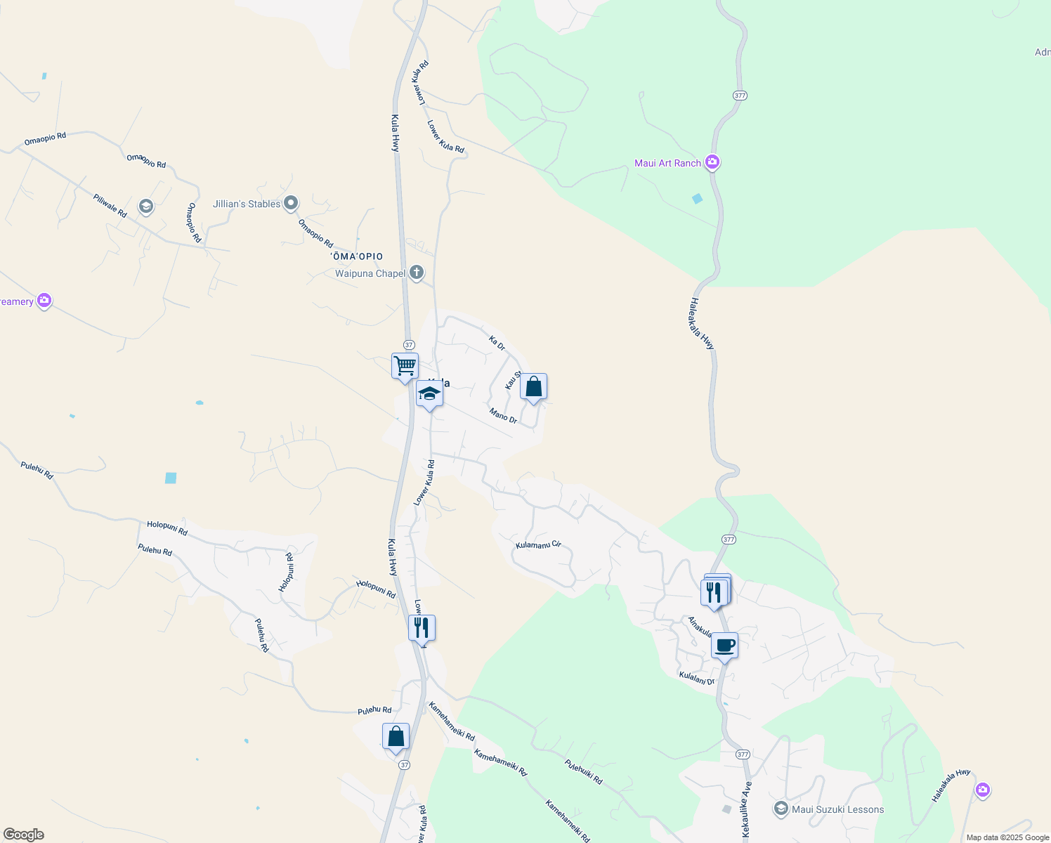 map of restaurants, bars, coffee shops, grocery stores, and more near 37 Manu Street in Kula