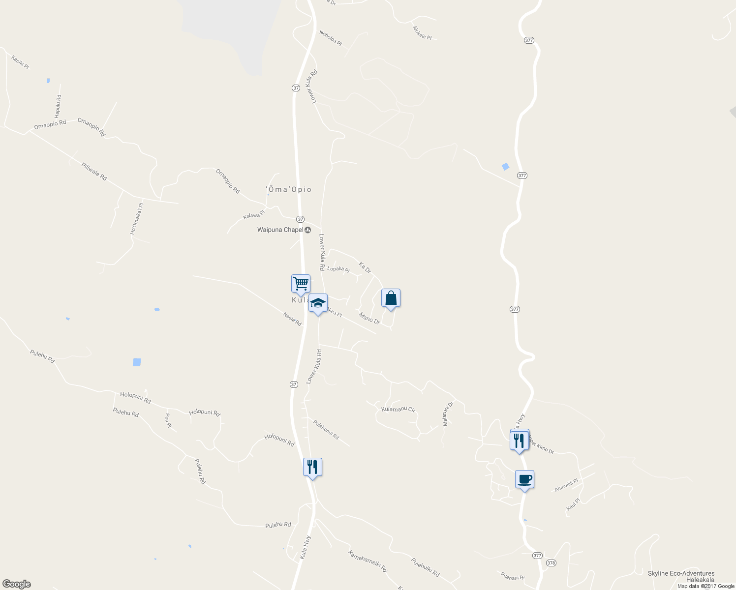 map of restaurants, bars, coffee shops, grocery stores, and more near 25 Mano Drive in Kula