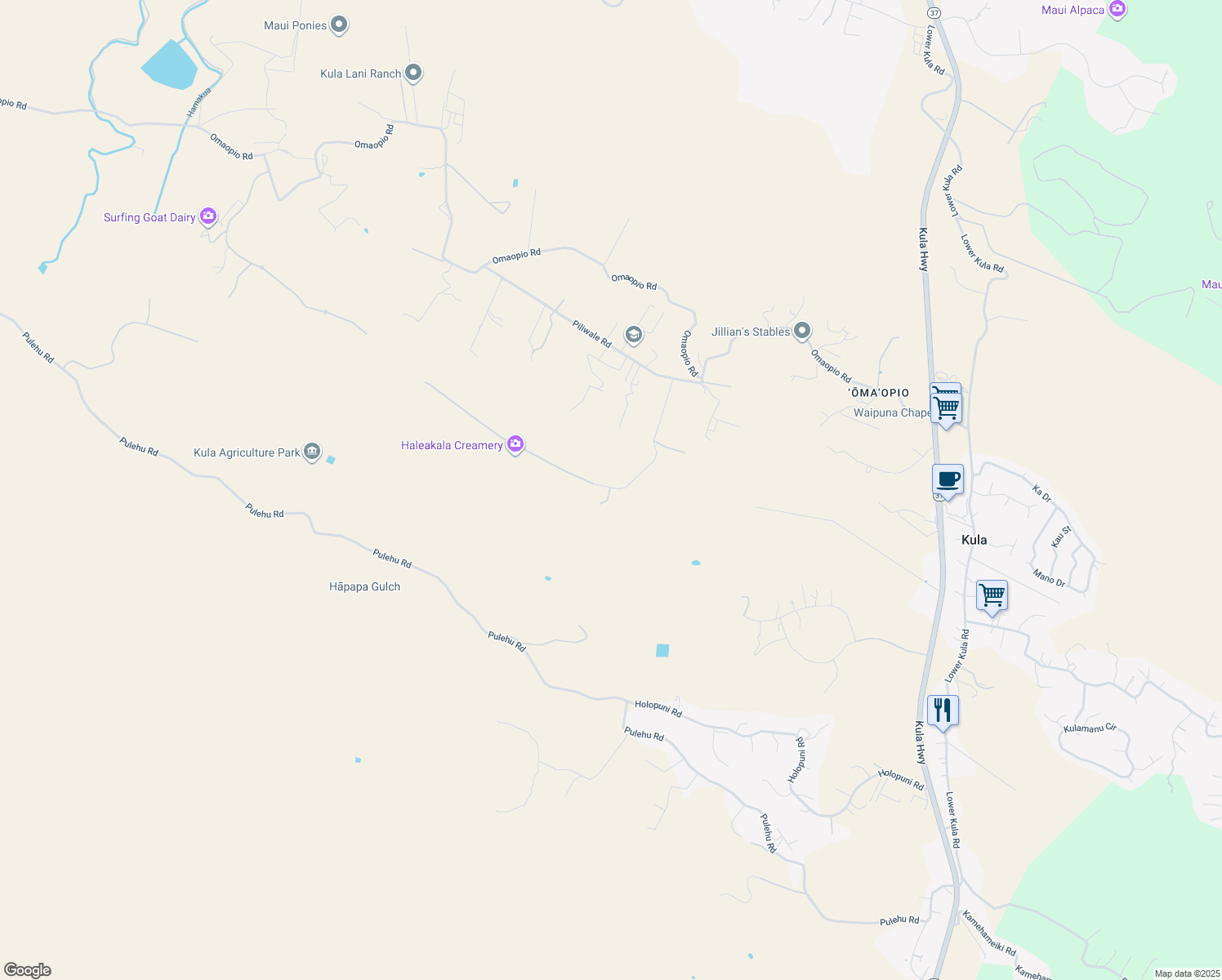 map of restaurants, bars, coffee shops, grocery stores, and more near 182 Hoomaikai Place in Kula
