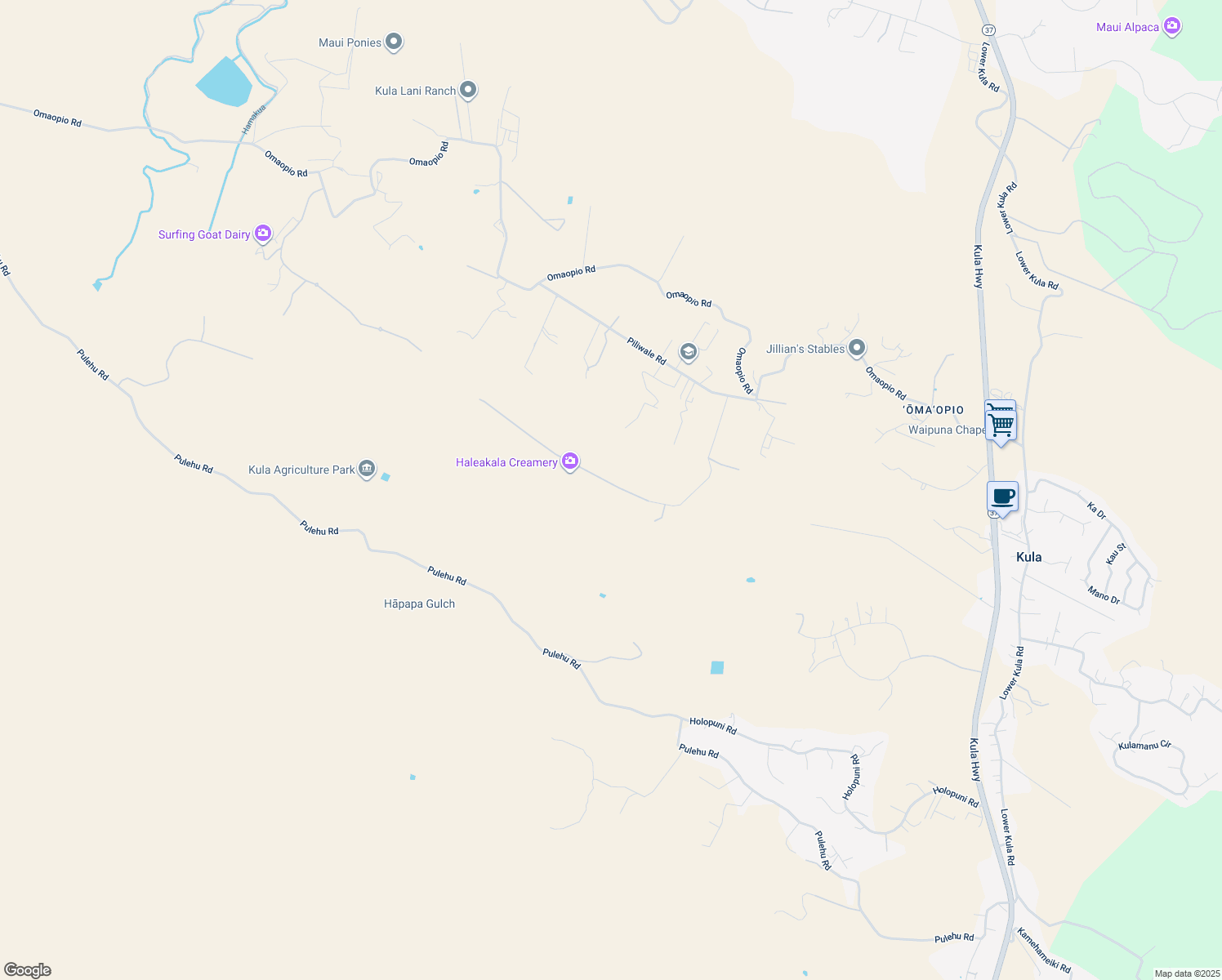 map of restaurants, bars, coffee shops, grocery stores, and more near Hoomaikai Place in Kula