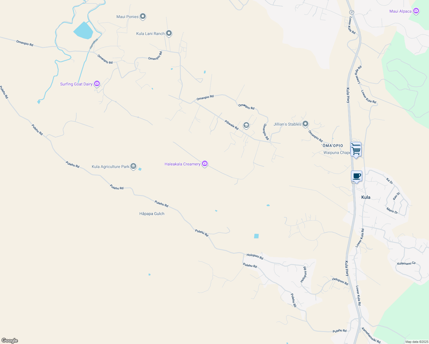 map of restaurants, bars, coffee shops, grocery stores, and more near 126 Hoomaikai Place in Kula