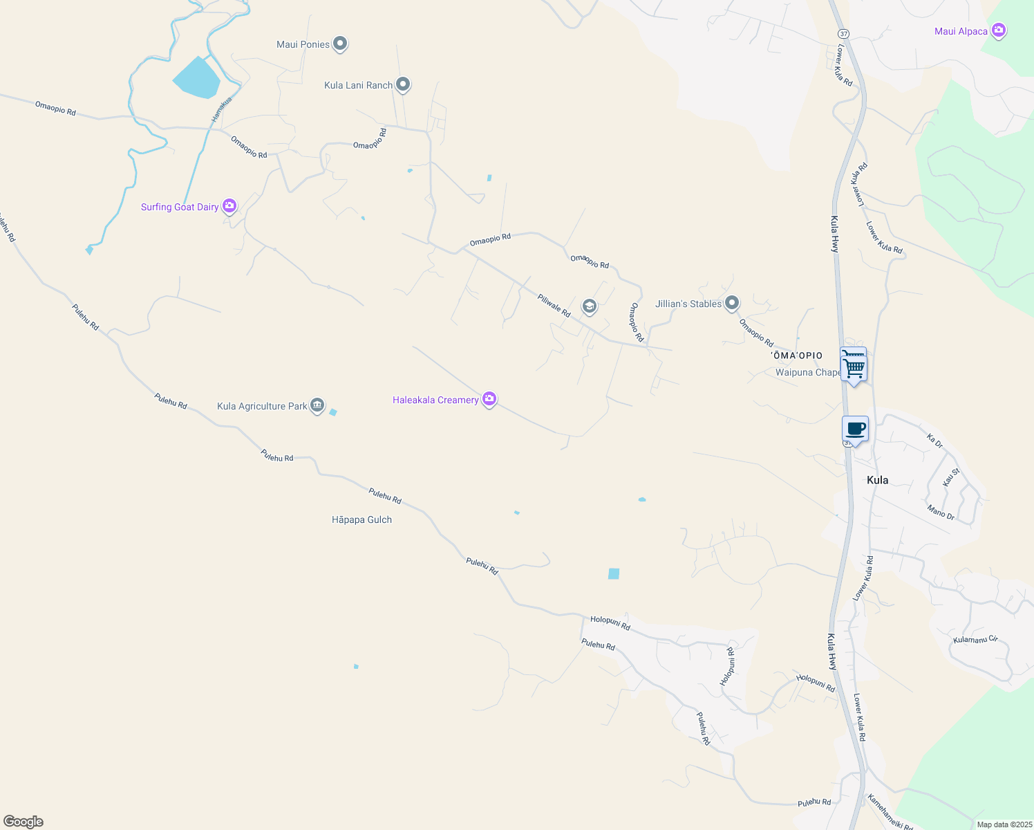 map of restaurants, bars, coffee shops, grocery stores, and more near 182 Hoomaikai Place in Kula