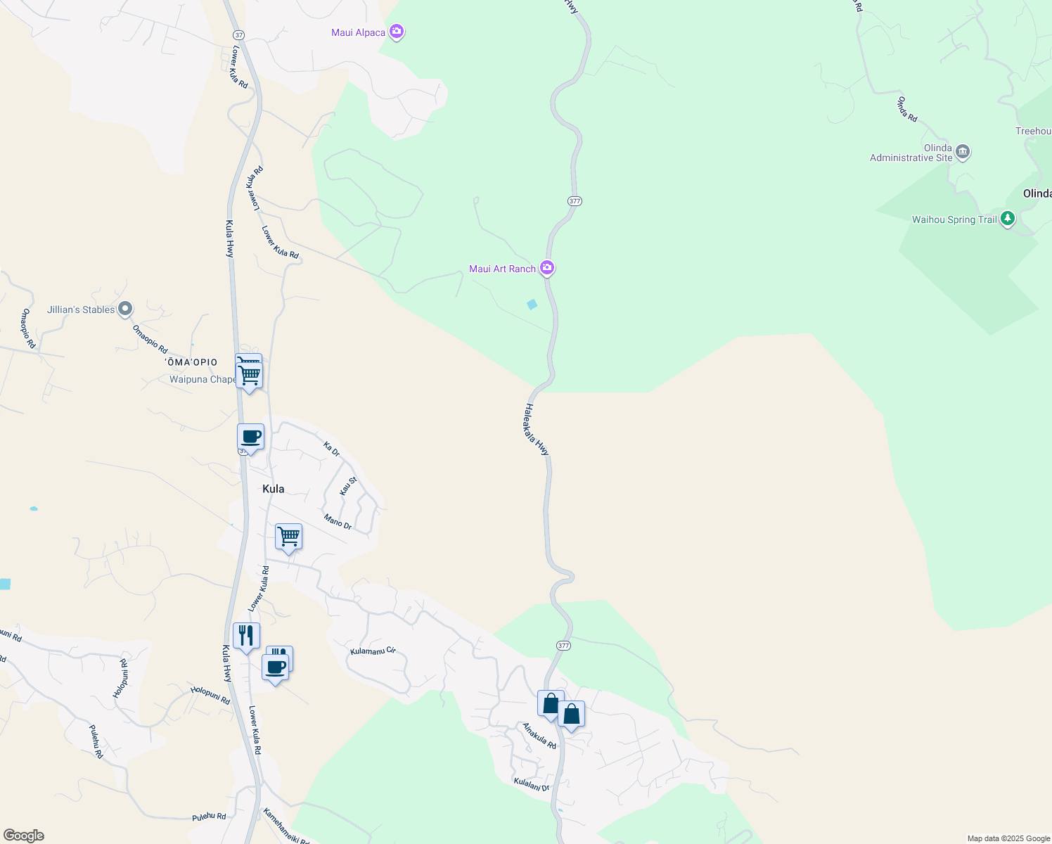 map of restaurants, bars, coffee shops, grocery stores, and more near Haleakala Highway in Maui County