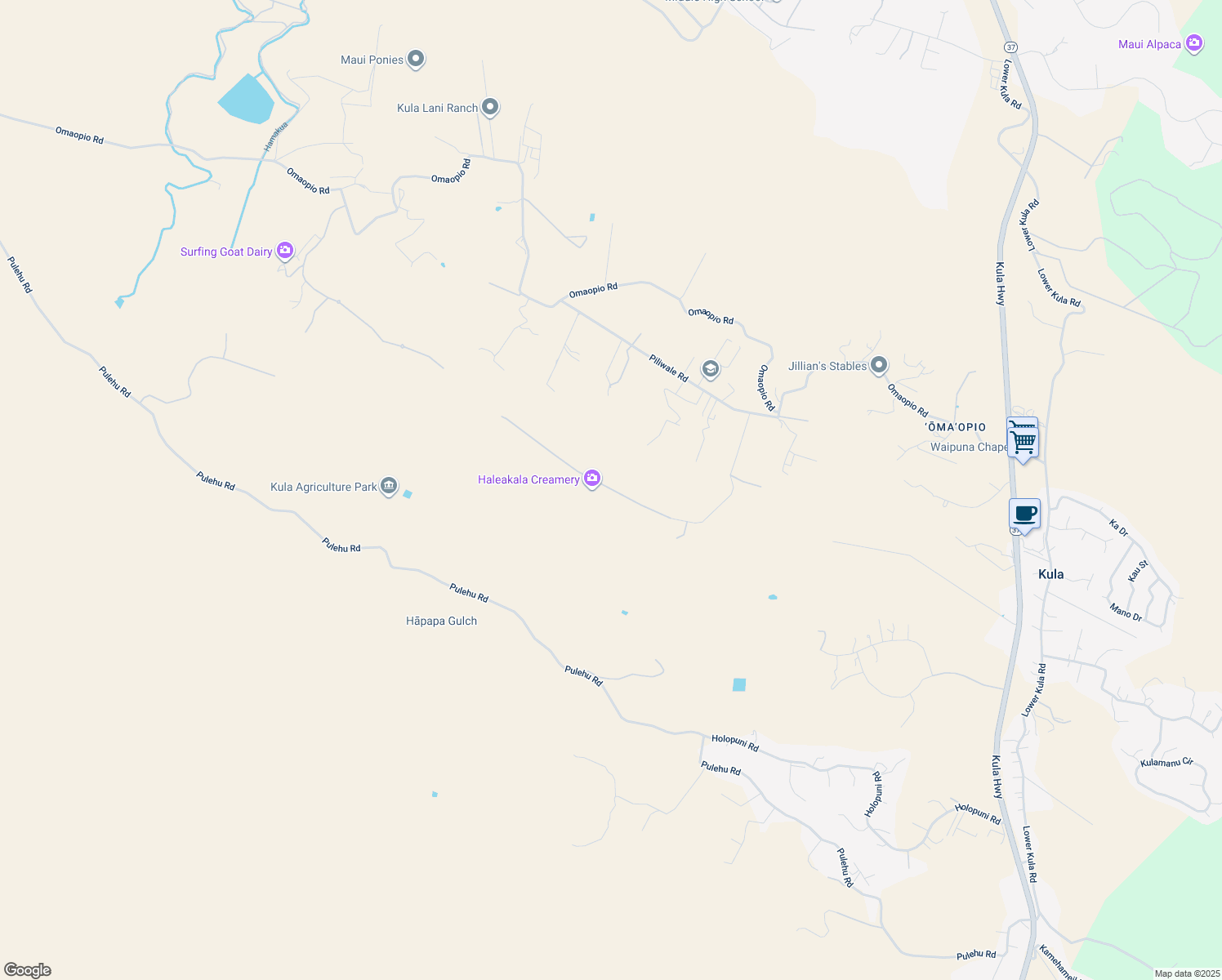 map of restaurants, bars, coffee shops, grocery stores, and more near Hoomaikai Place in Kula