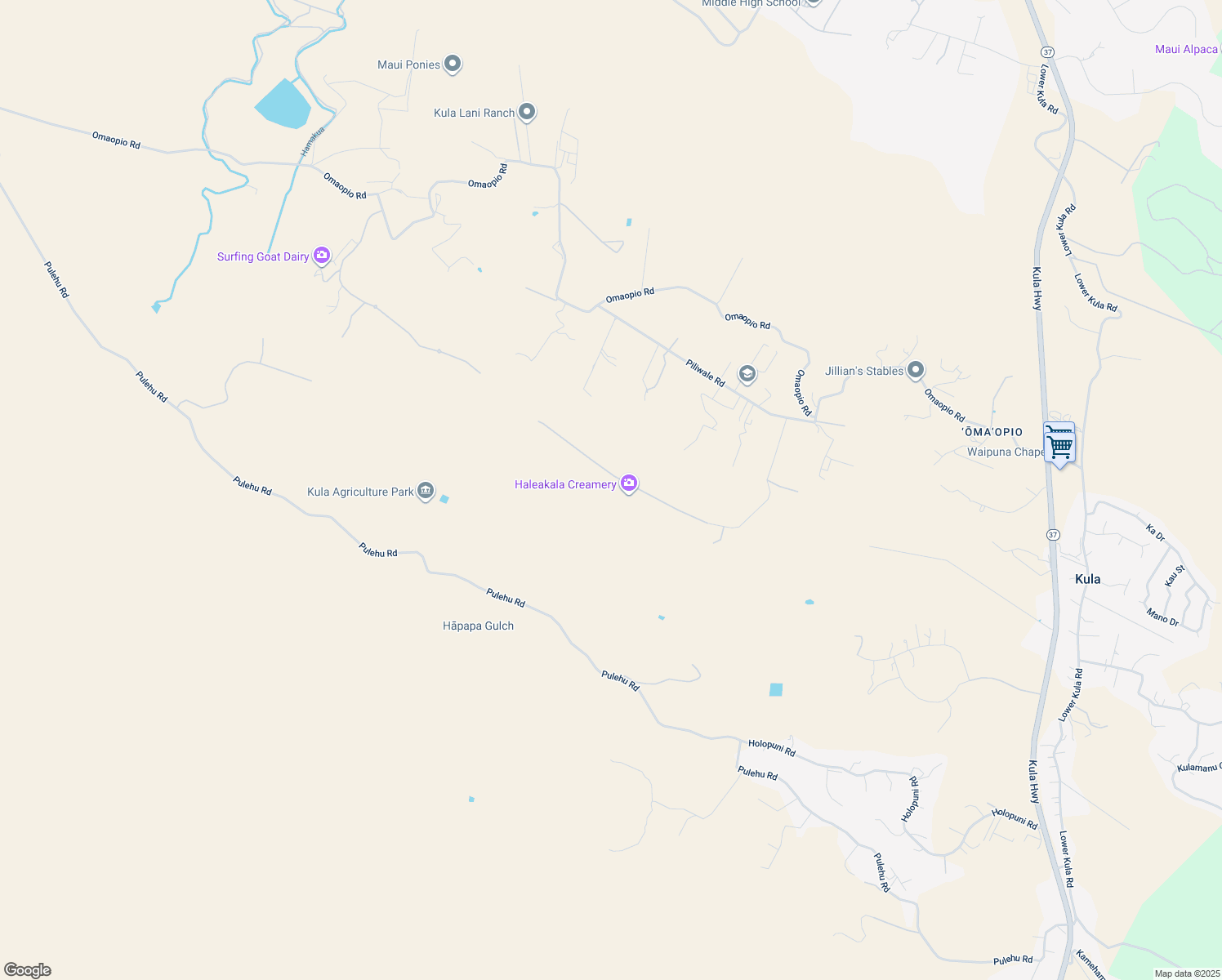 map of restaurants, bars, coffee shops, grocery stores, and more near 157 Hoomaikai Place in Kula
